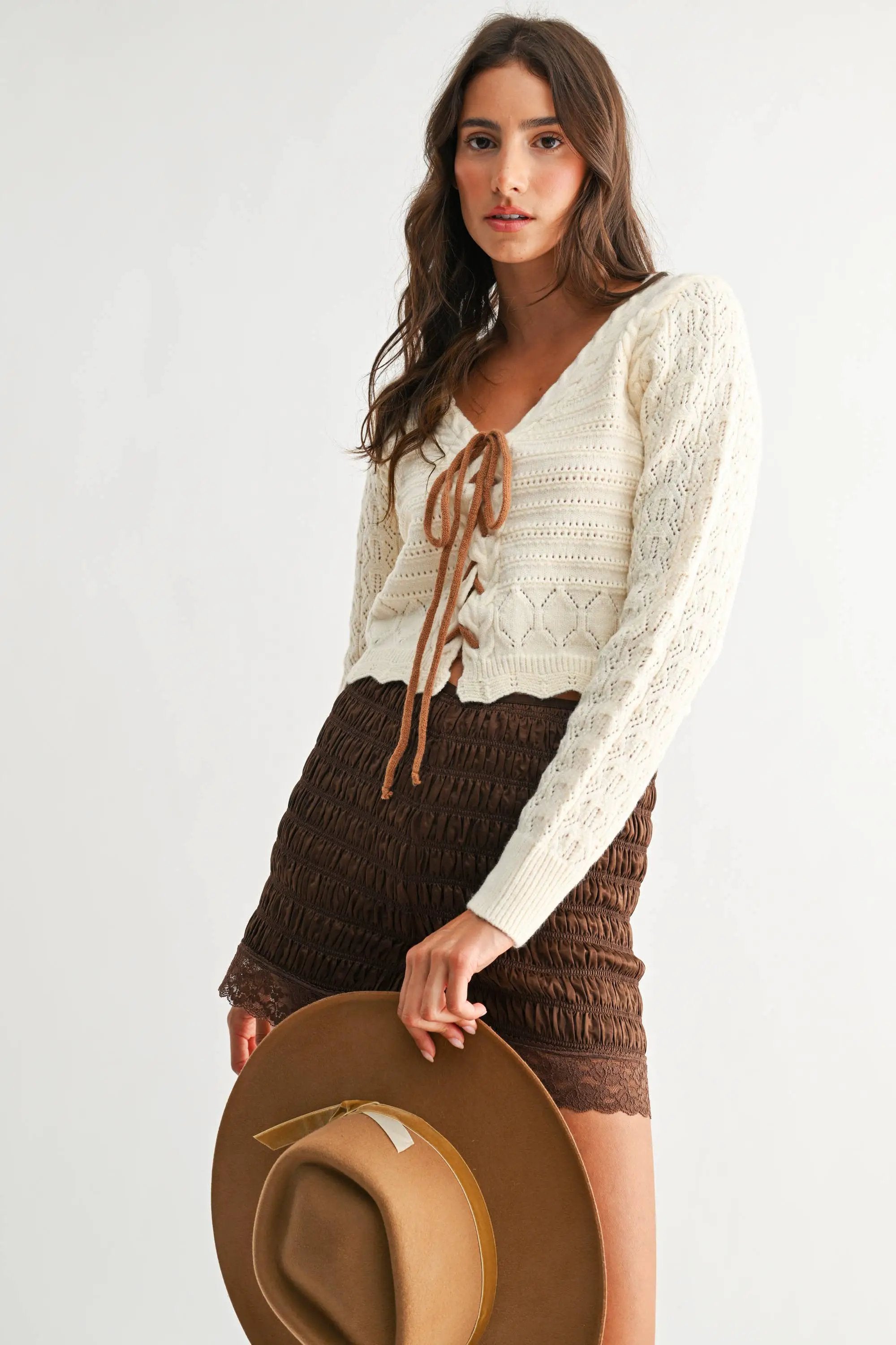 Camellia Camellia - CJW26821 Ivory Lace-Up Pointelle Knit Sweater: CREAM/MOCHA / S-M-L (3-2-1) -