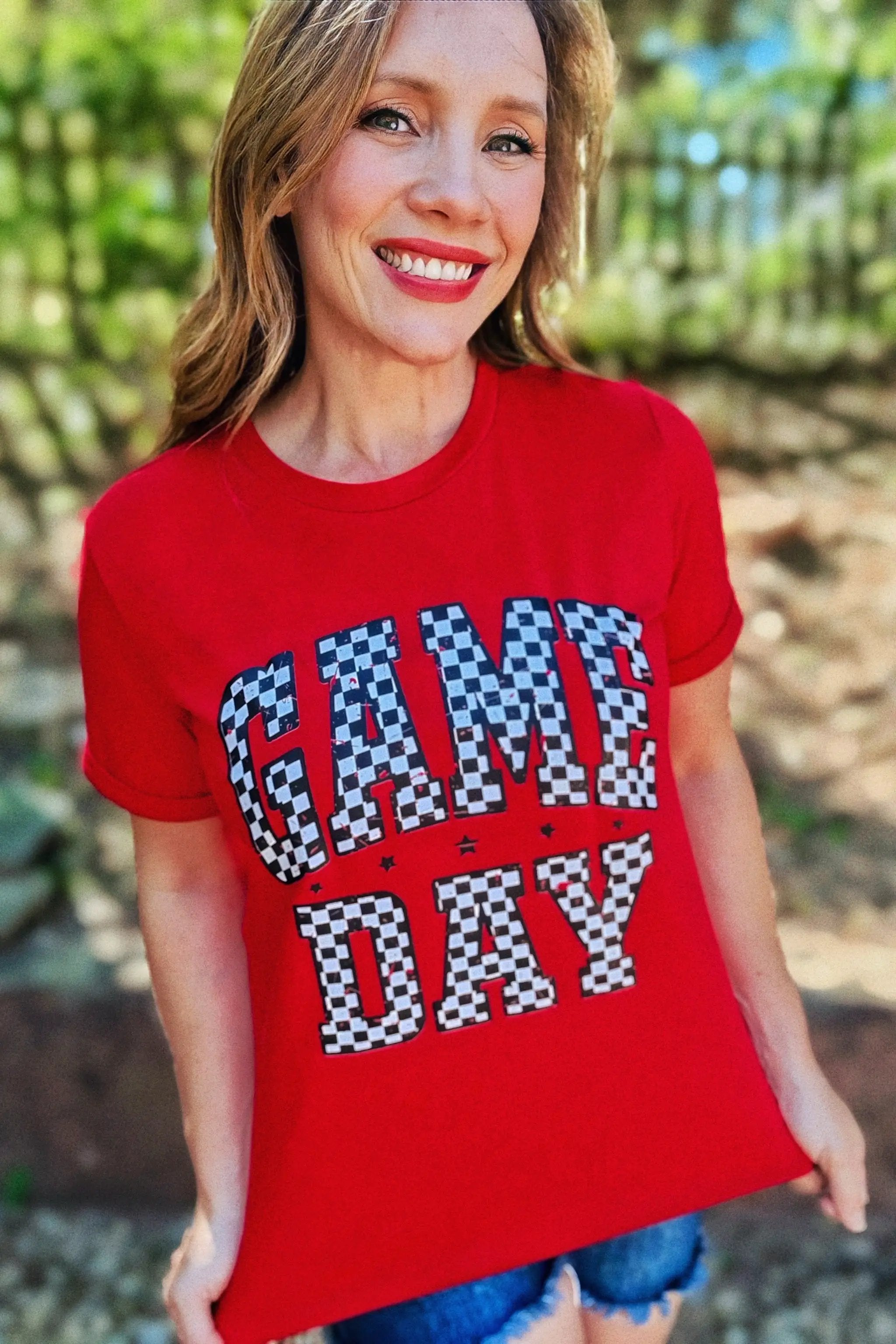 Grateful Threads Boutique Red Checkered Game Day Graphic Tee - T-Shirts Red Checkered Game Day Graphic Tee