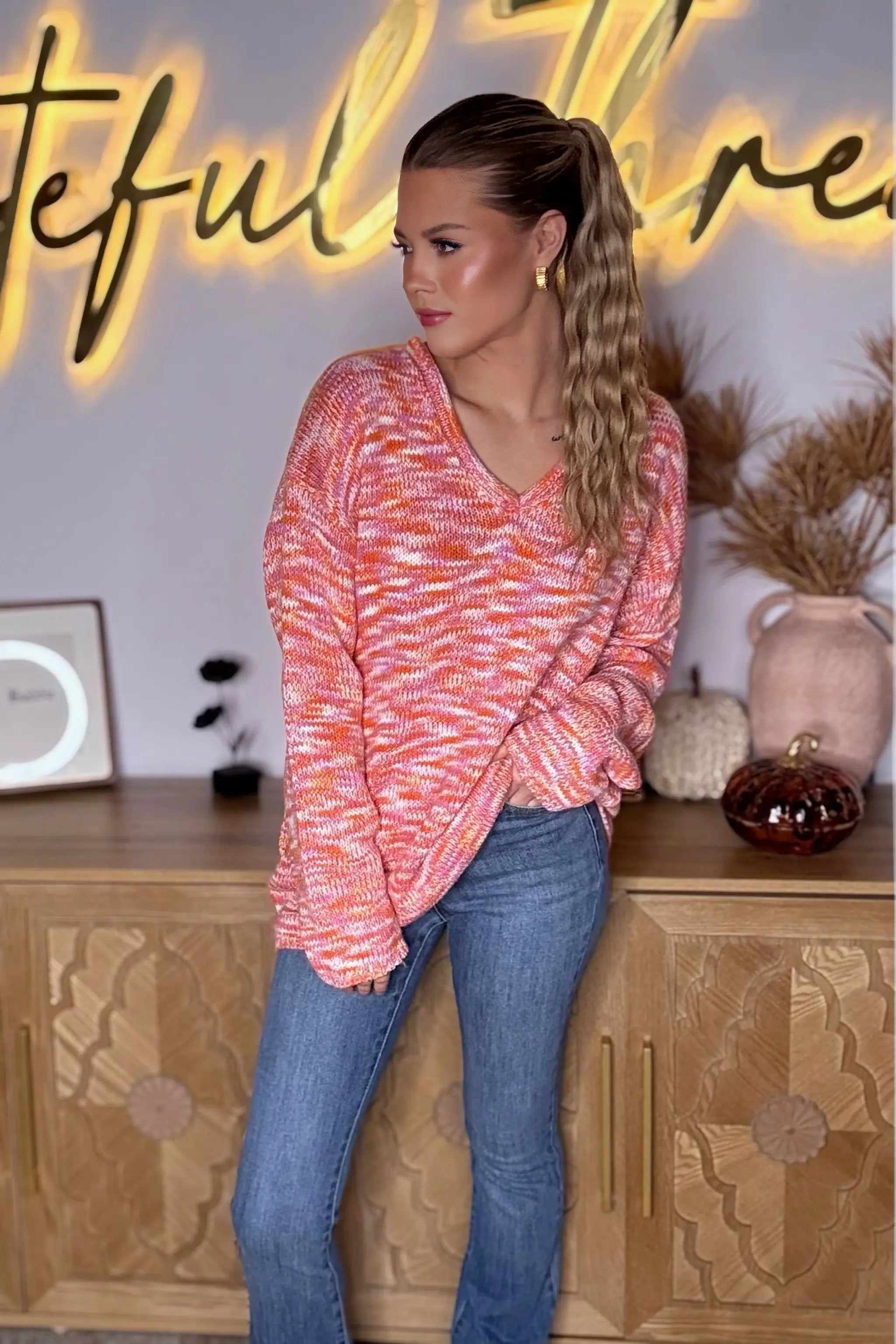 Grateful Threads Boutique Orange Vibrant Print Drop Shoulder V-Neck Oversized Sweater - Sweaters Orange Vibrant Print Drop Shoulder V Neck Oversized Sweater