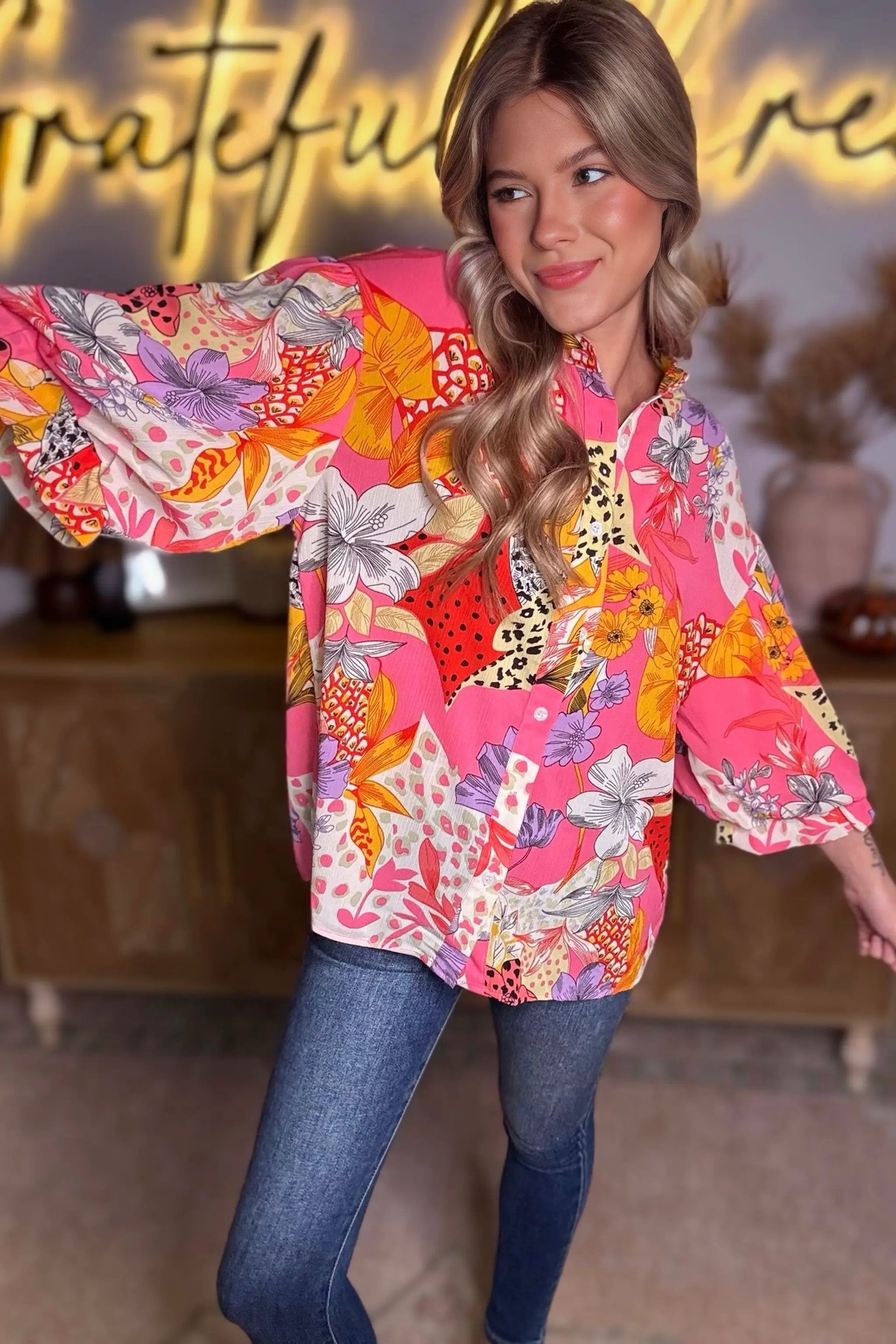Grateful Threads Boutique Red Abstract Floral Print Buttoned Ruffled Bubble Sleeve Shirt - Shirts Red Abstract Floral Print Buttoned Ruffled Bubble Sleeve Shirt
