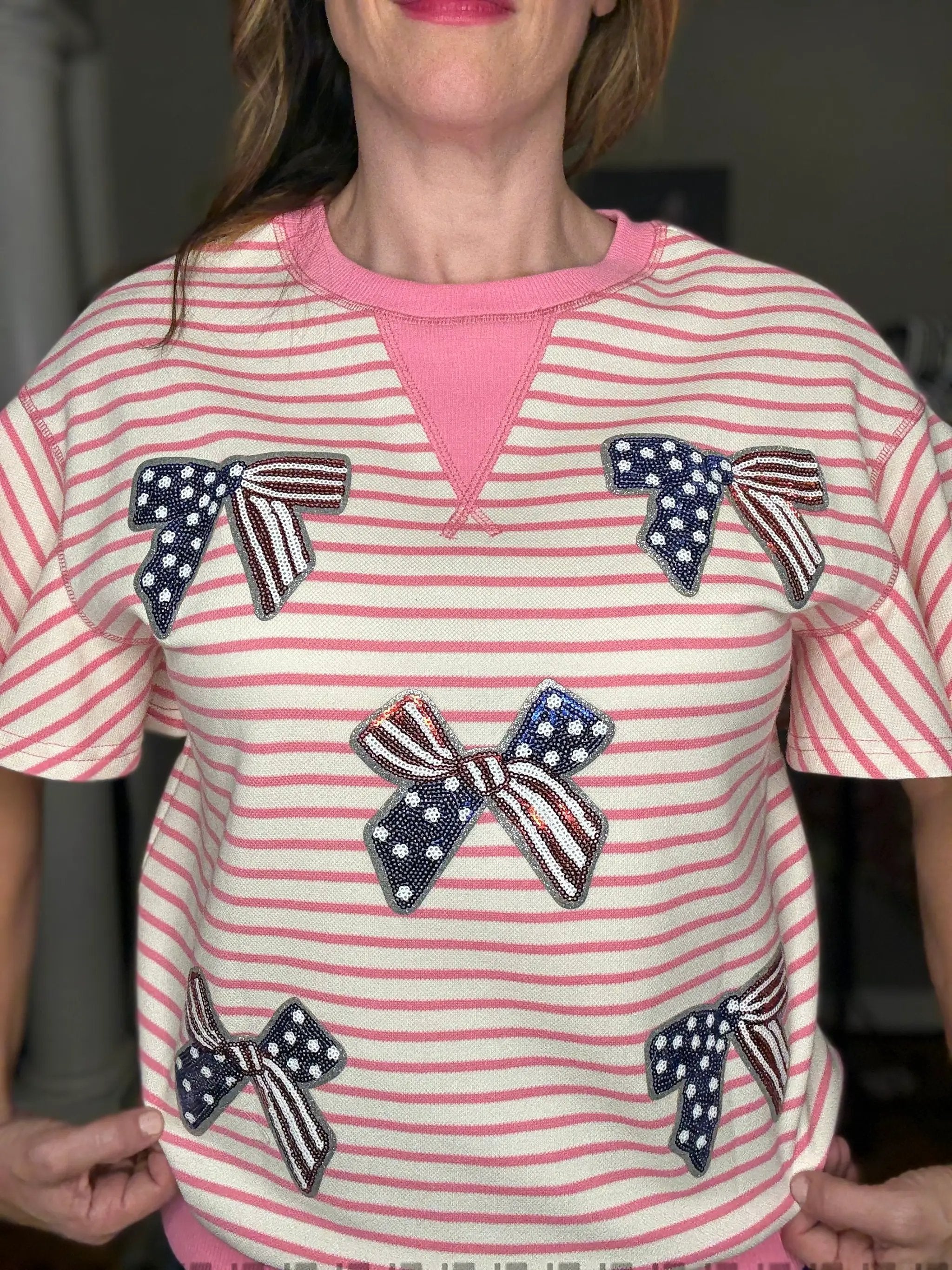 Grateful Threads Boutique “Stars, Stripes & Sass” Sequin Bow Ruffle Tee - Blouses