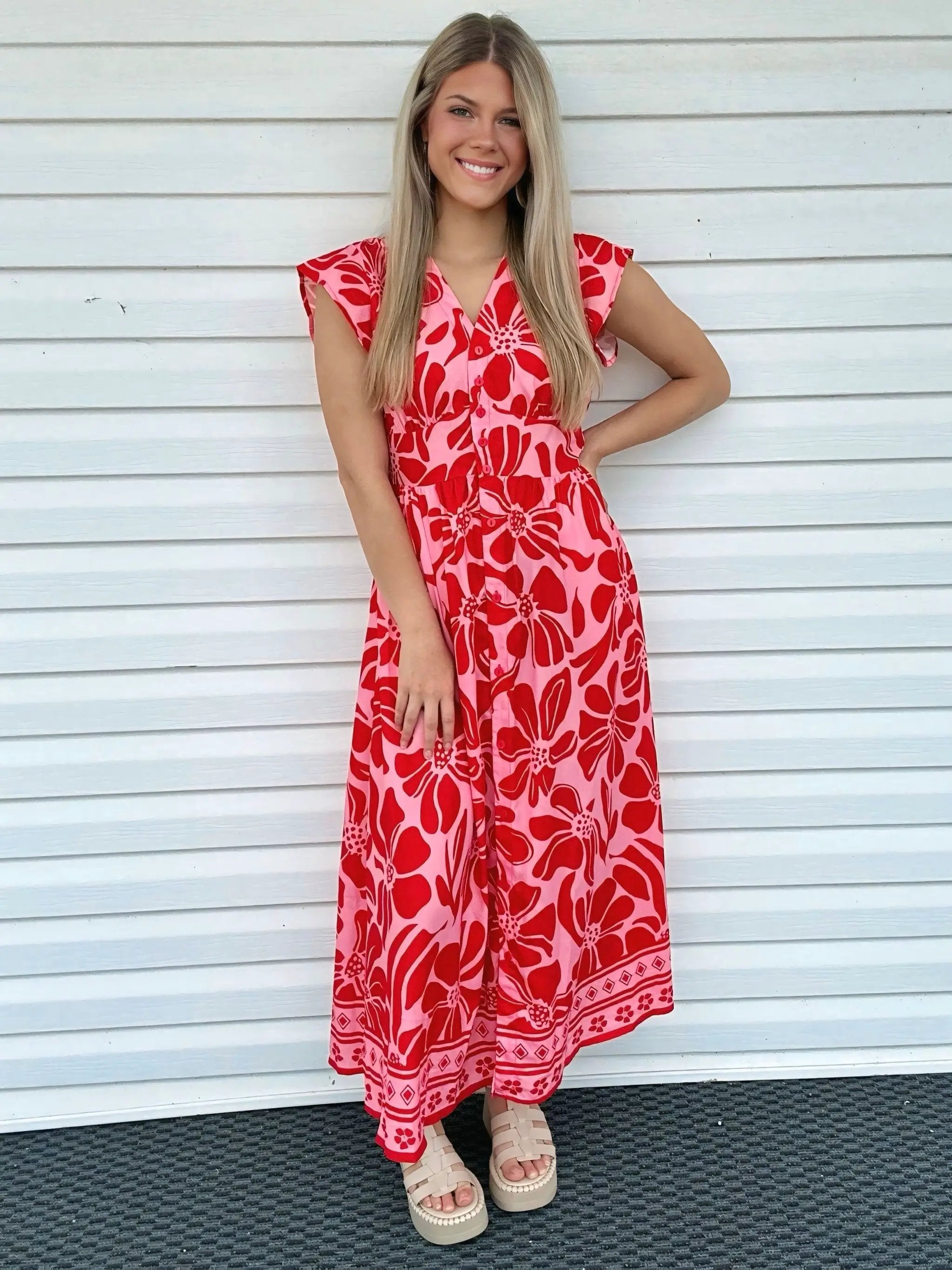Grateful Threads Boutique Red Boho Floral Short Sleeve V-Neck Buttoned Shirred Waist Long Dress - Dresses Red Boho Floral Short Sleeve V Neck Buttoned Shirred Waist Long Dress
