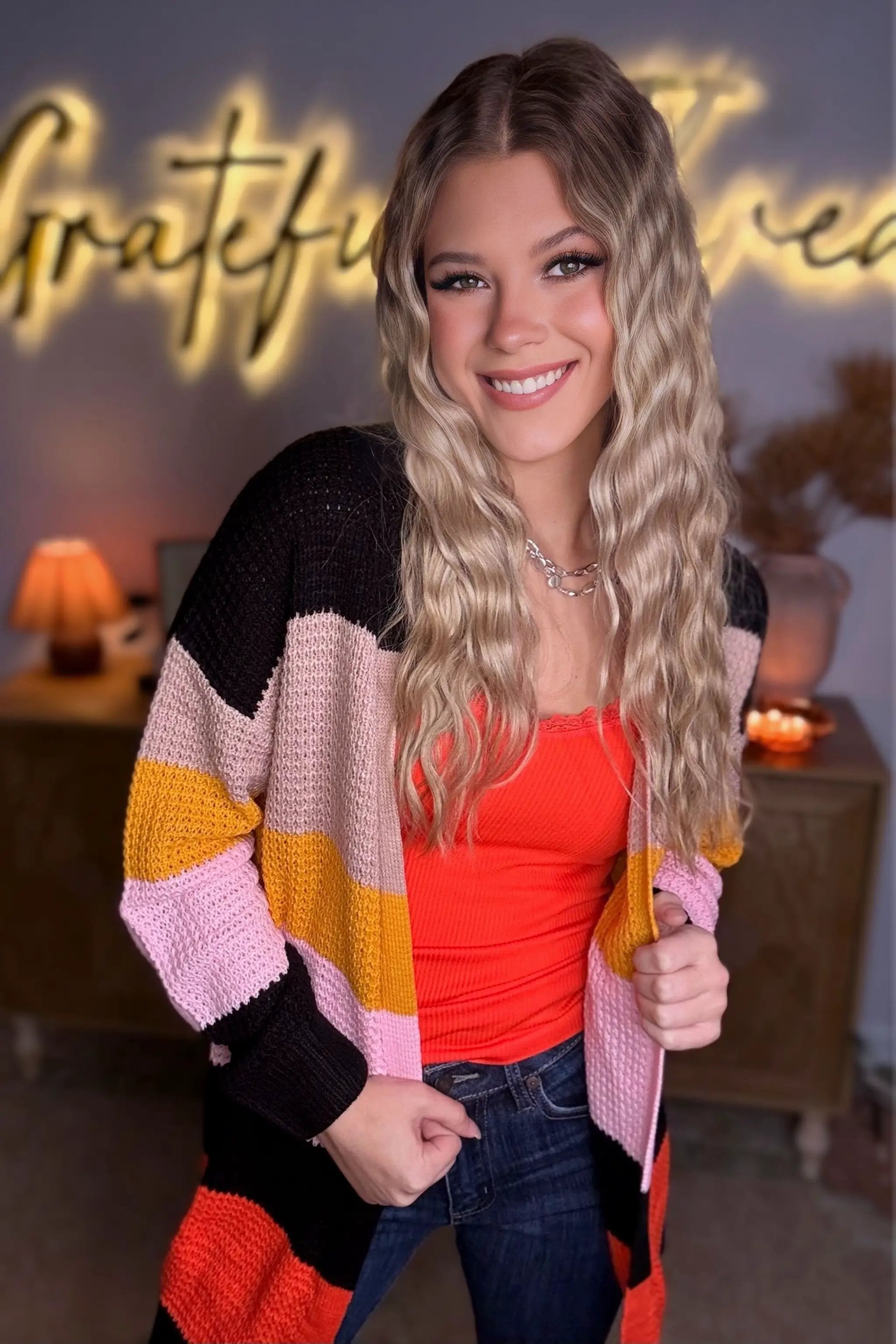Grateful Threads Boutique Multicolor Waffle Knit Color Block Open Front Cardigan - Cardigans Multicolor Waffle Knit Color Block Open Front Cardigan