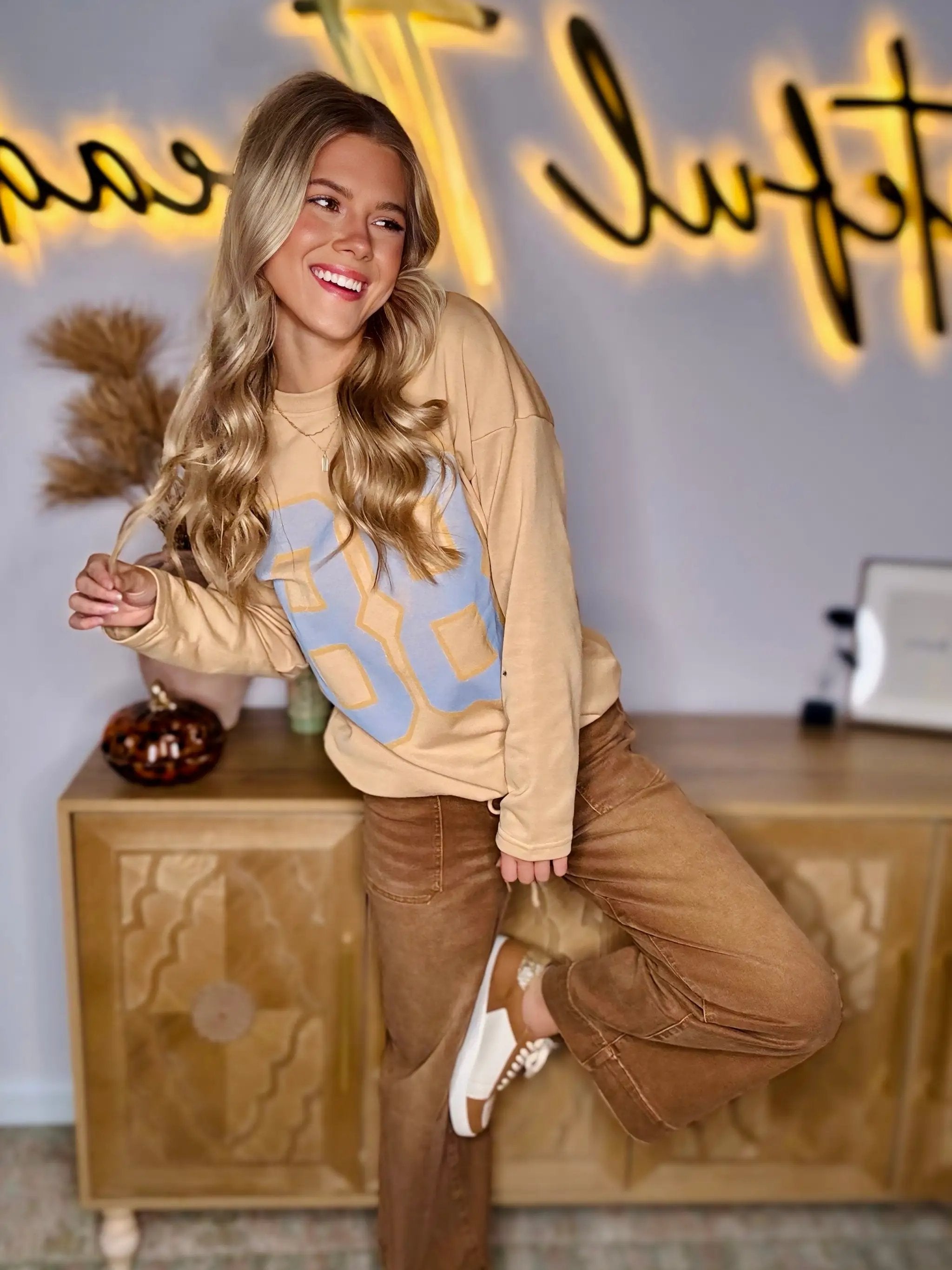 Grateful Threads Boutique Game Day Vibes Khaki “88” Oversized Sweatshirt - Sweatshirts