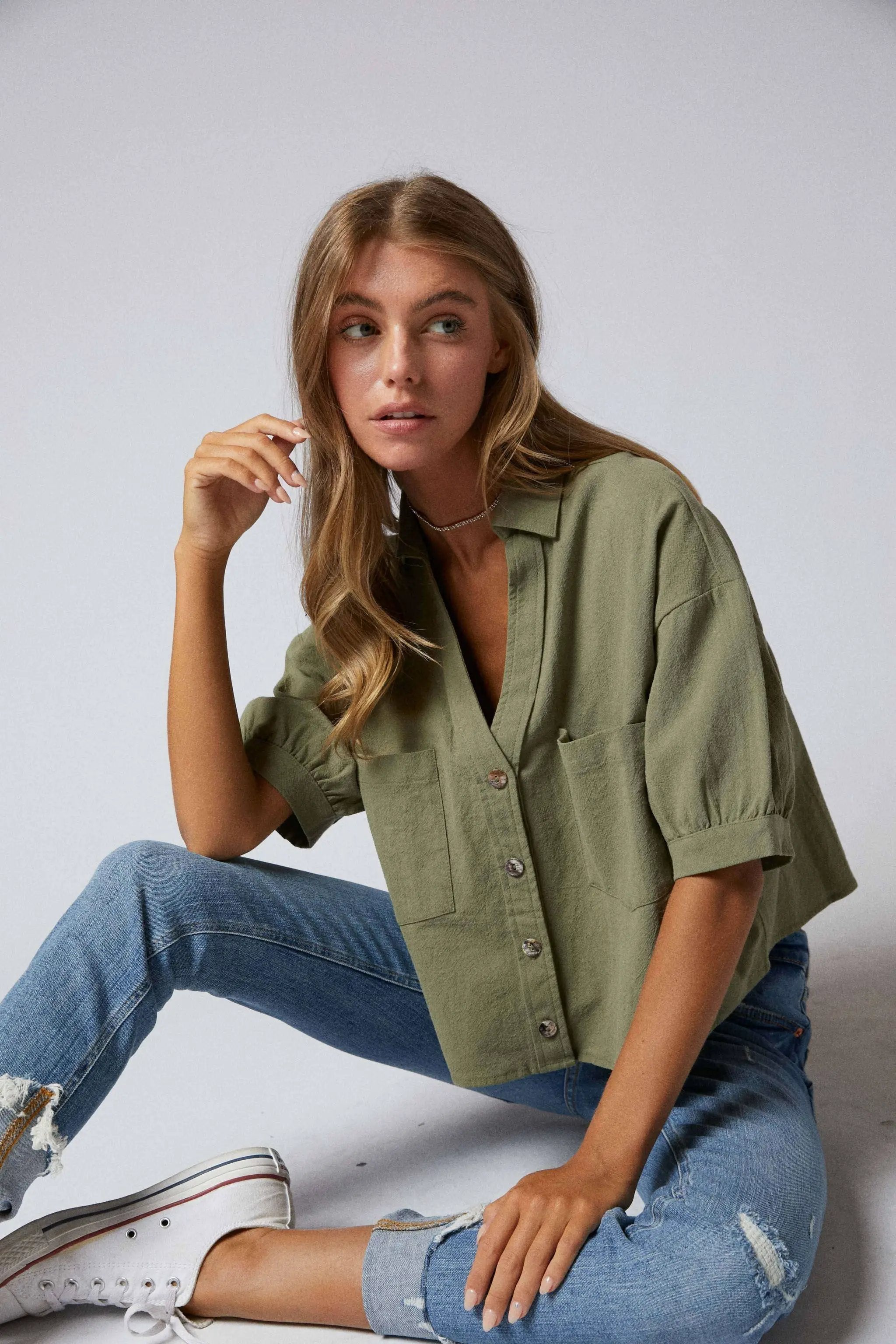 Cerule Elbow Sleeves Button Down 2 Pocket Crop Shirt - Shirts