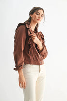 Camellia Camellia - RUFFLED BUTTON-UP DENIM JACKET: BROWN / S-M-L(3-2-1) -