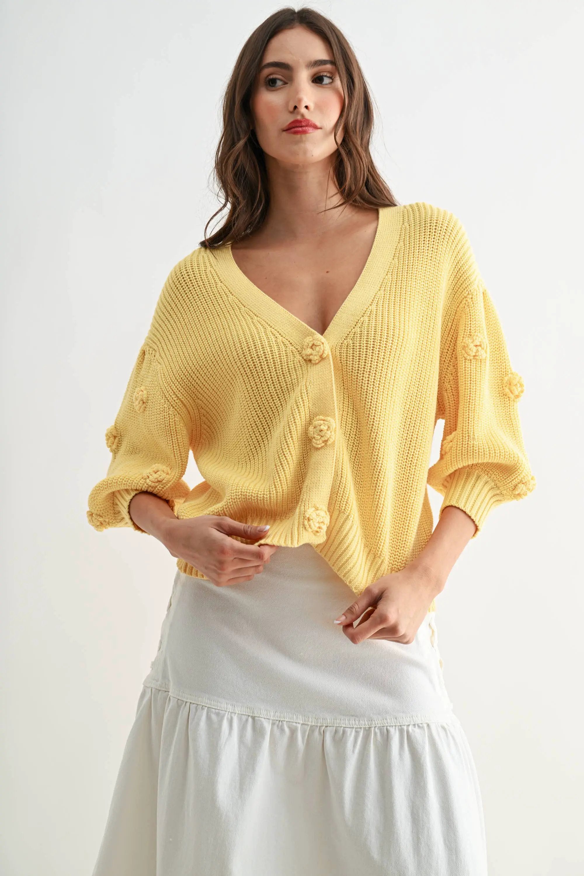 Textured knit cardigan LT.YELLOW with 3D buttons, worn by a model.