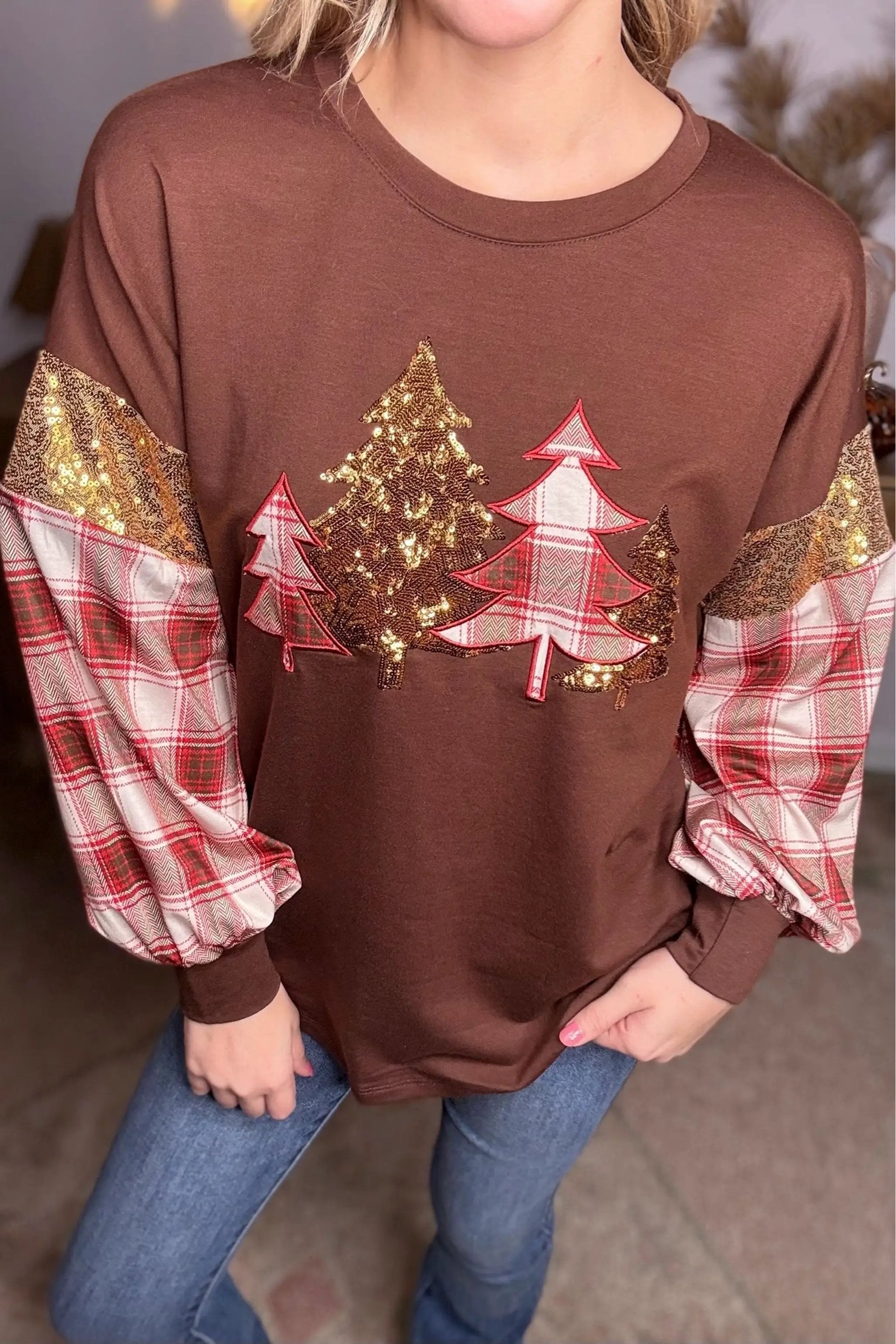 Grace & Emma The Brown Plaid Christmas Tree Top - Sweaters