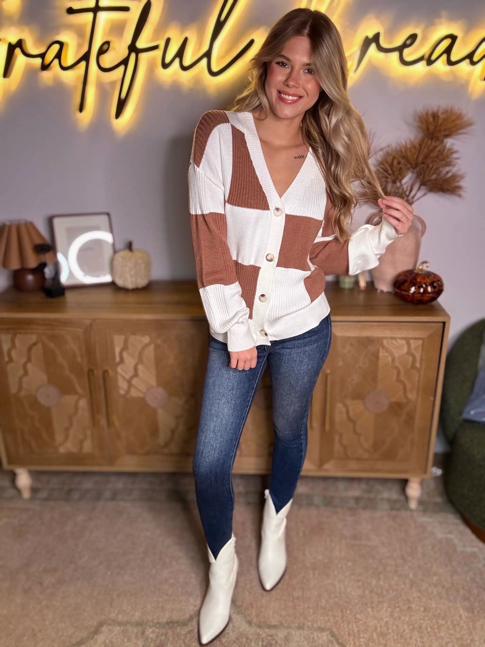 Grateful Threads Boutique Mocha Checkered Pattern Ribbed Detail Button V-Neck Sweater Cardigan - Cardigans Khaki Checkered Pattern Ribbed Detail Button V Neck Sweater Cardigan