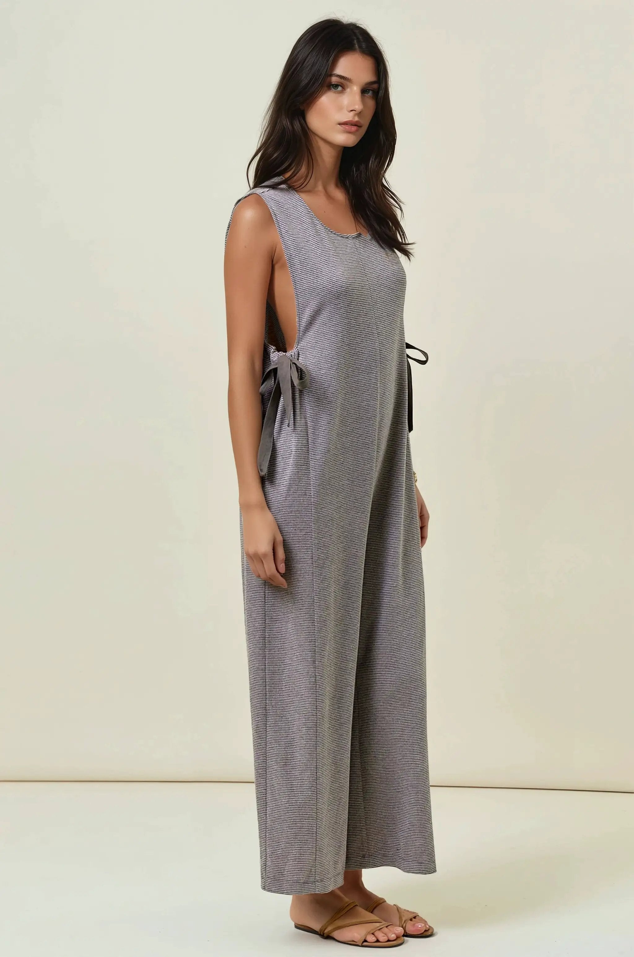 Doe and Rae The Driftwood Stripe Buttery Soft Ribbon Tie Jumpsuit - One-Pieces