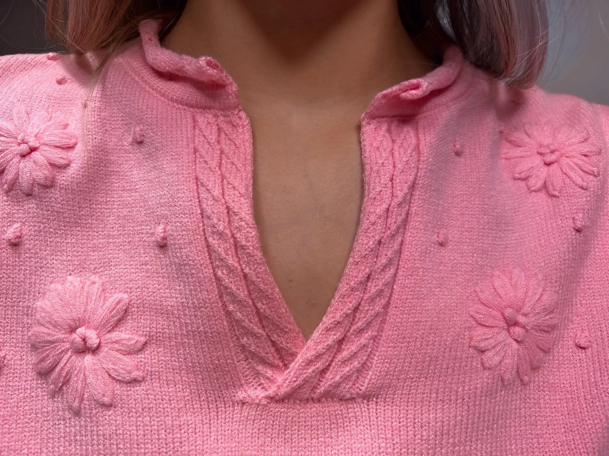 1 the Woman Peach Blossom Bloom Notched Neck Knit Sweater - Sweaters Peach Blossom Flower Detail Knitted Notched Neck Sweater