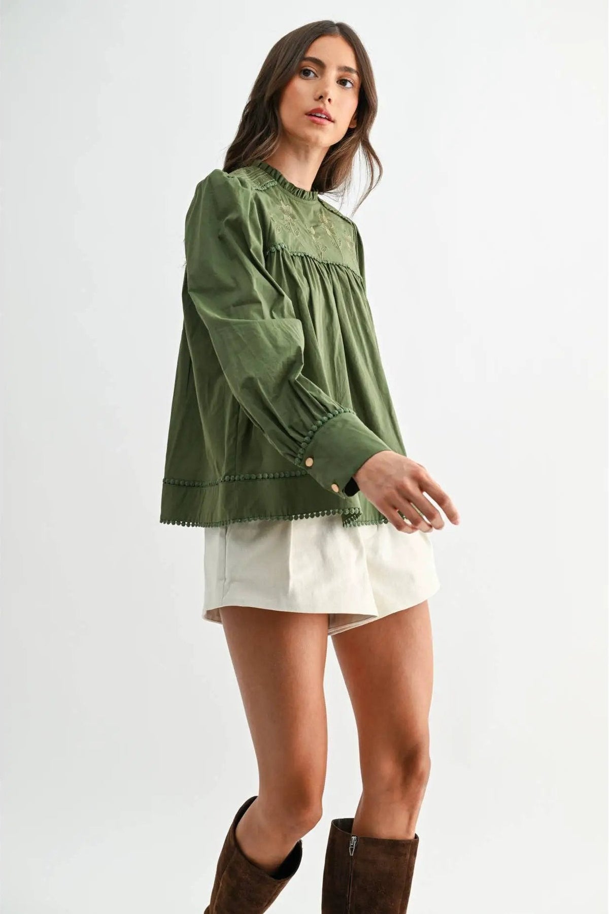 Camellia Camellia - EMBROIDERED OLIVE PUFF SLEEVE BLOUSE WTIH TRIM: OLIVE GREEN / S-M-L(3-2-1) -