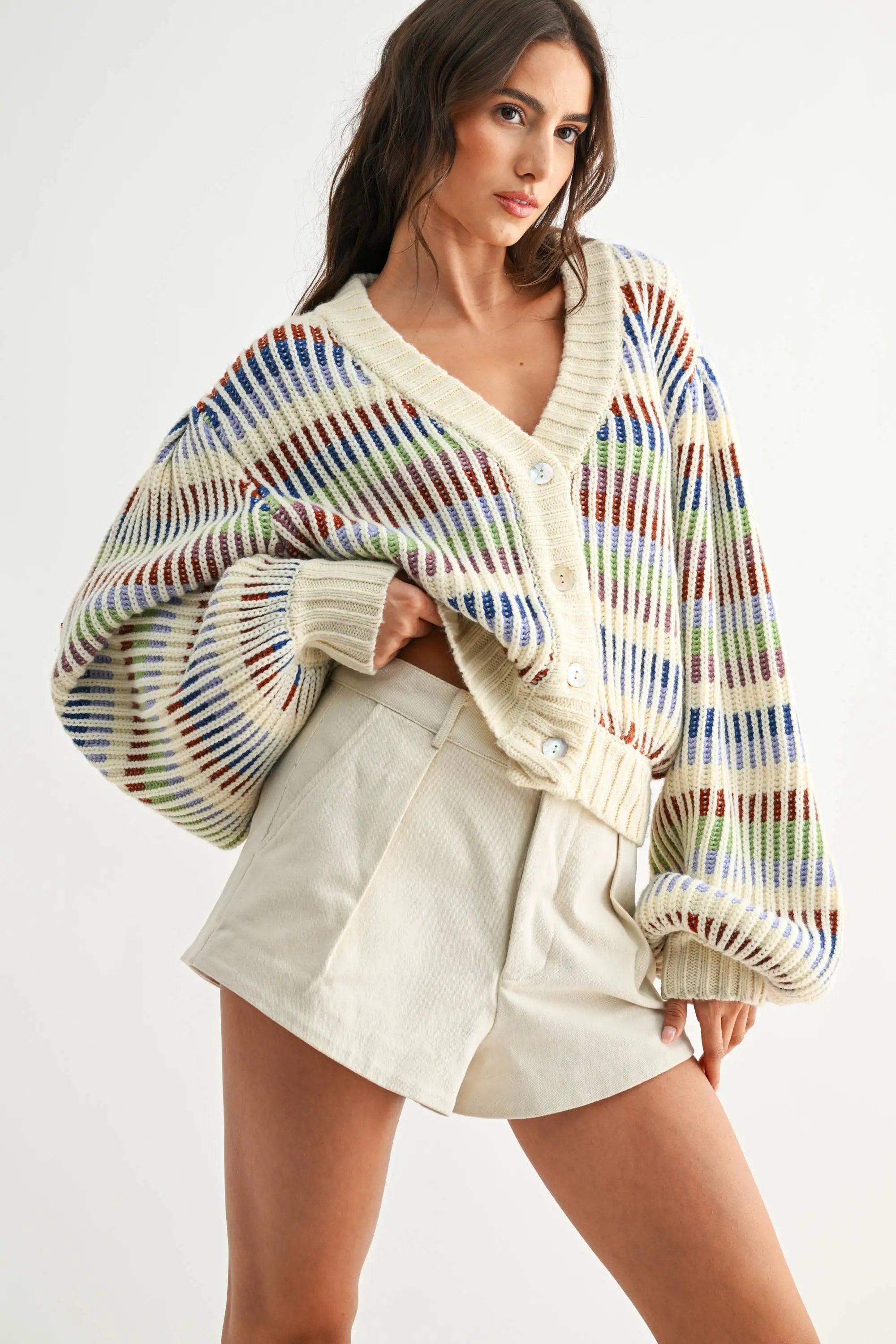 Camellia Camellia - CWT26016 Multicolor Striped Chunky Knit Cardigan: MULTI STRIPE / S-M-L (3-2-1) -
