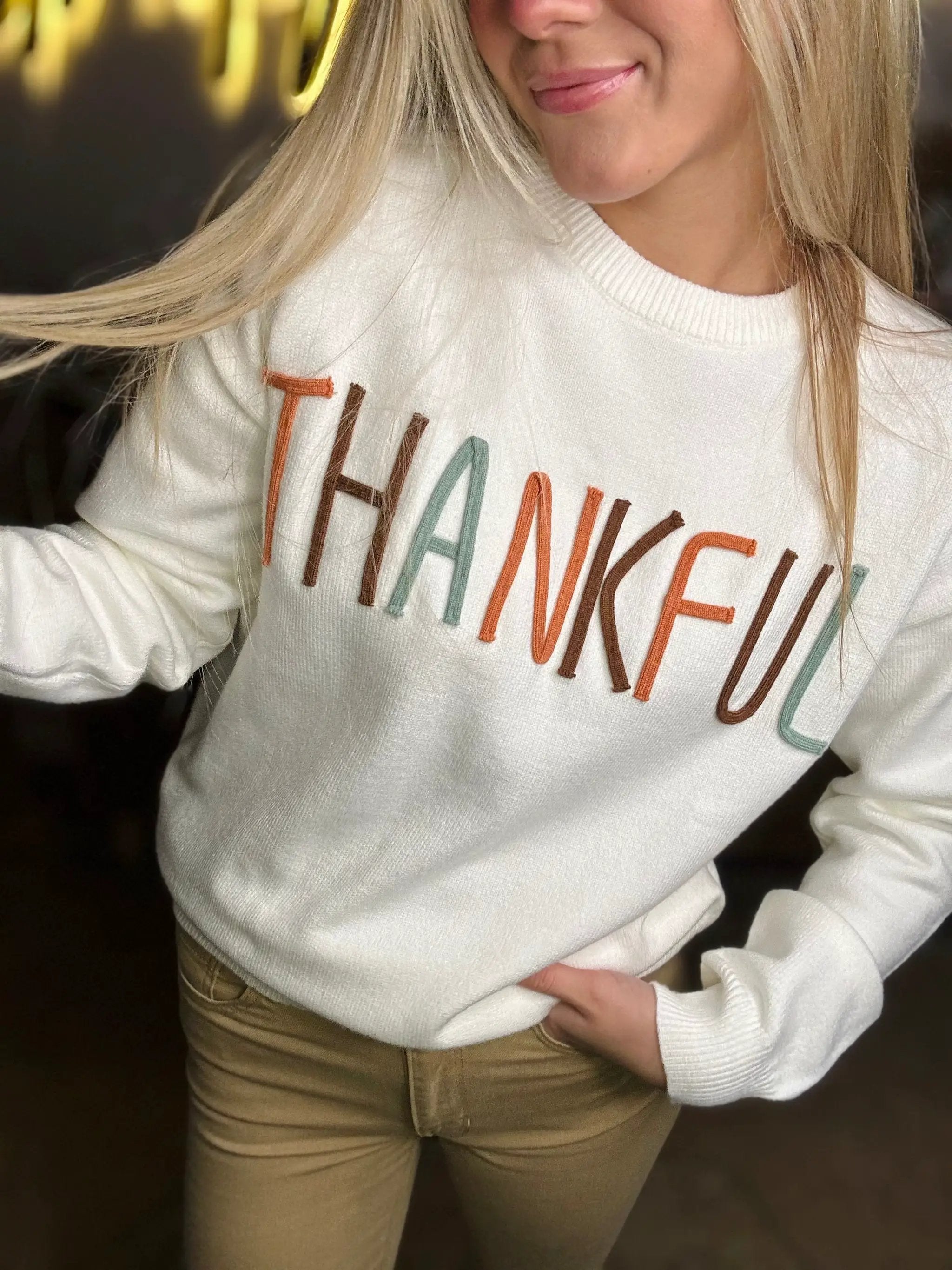 Grateful Threads Boutique Thankful Stitch Embroidered Sweater - Sweaters