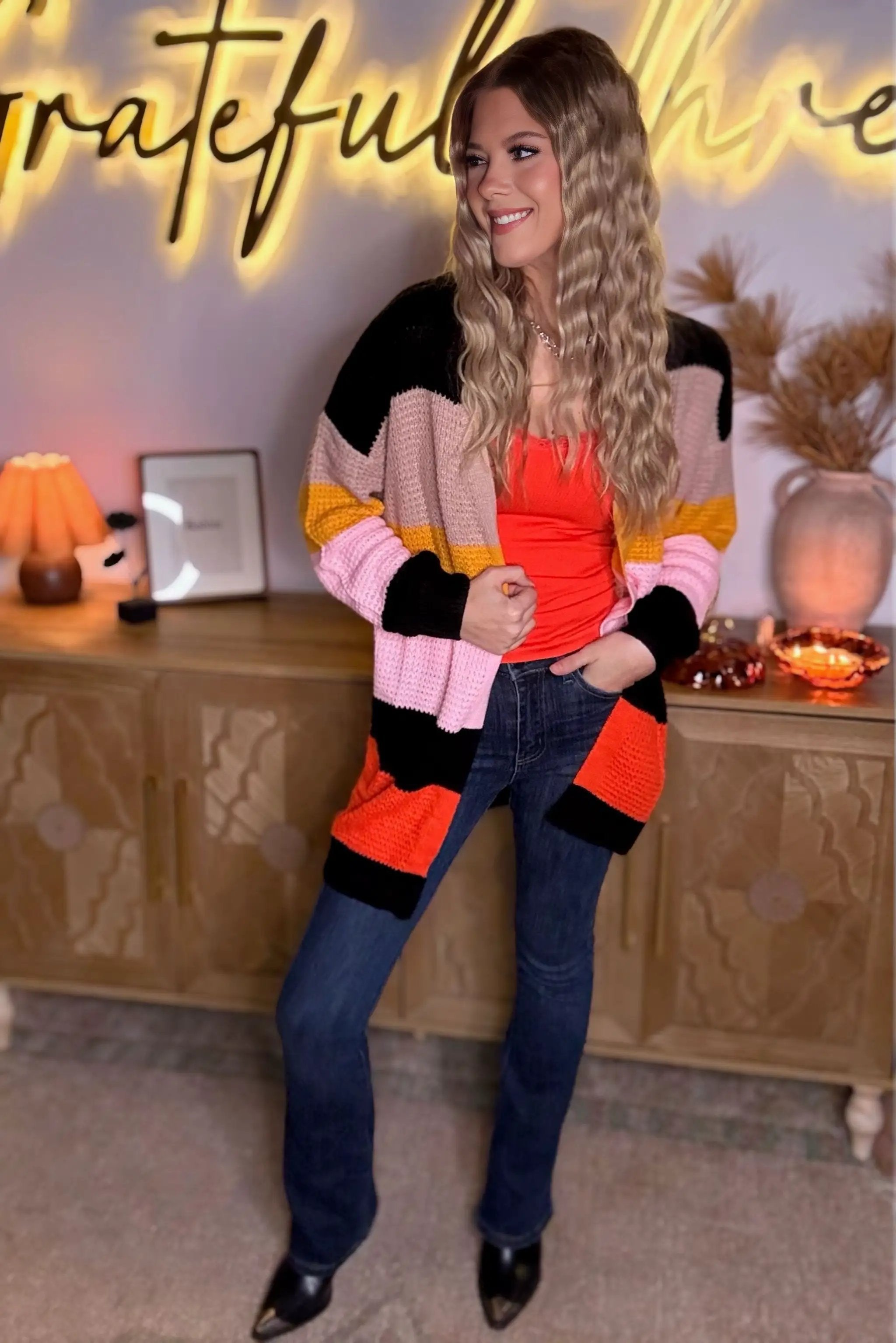 Grateful Threads Boutique Multicolor Waffle Knit Color Block Open Front Cardigan - Cardigans Multicolor Waffle Knit Color Block Open Front Cardigan