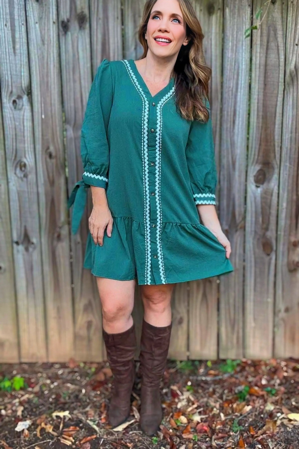 Grateful Threads Boutique Canton Knot Bracelet Sleeve Contrast Ricrac Trim Button V-Neck Shift Dress - Dresses Canton Knot Bracelet Sleeve Contrast Ricrac Trim Button V Neck Shift Dress