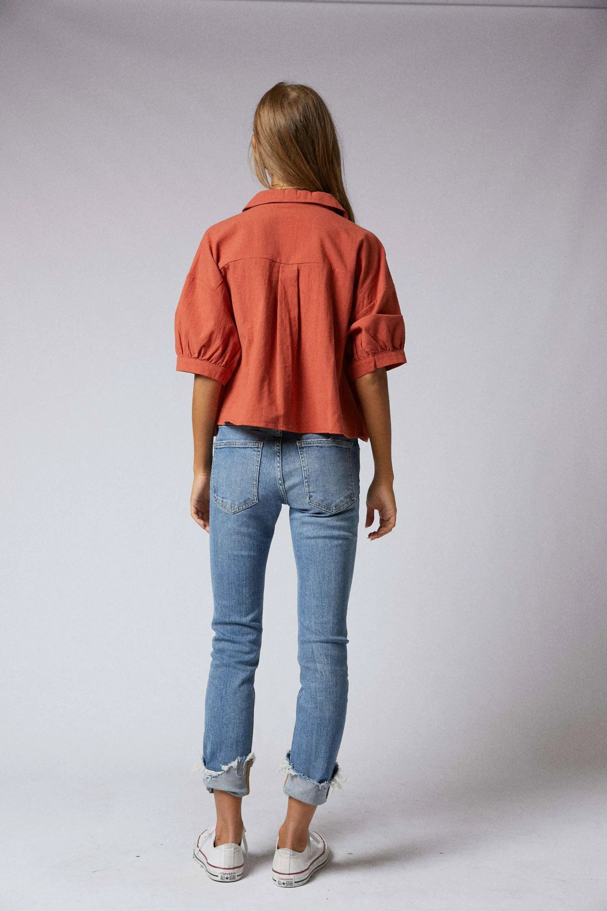 Cerule Elbow Sleeves Button Down 2 Pocket Crop Shirt - Shirts