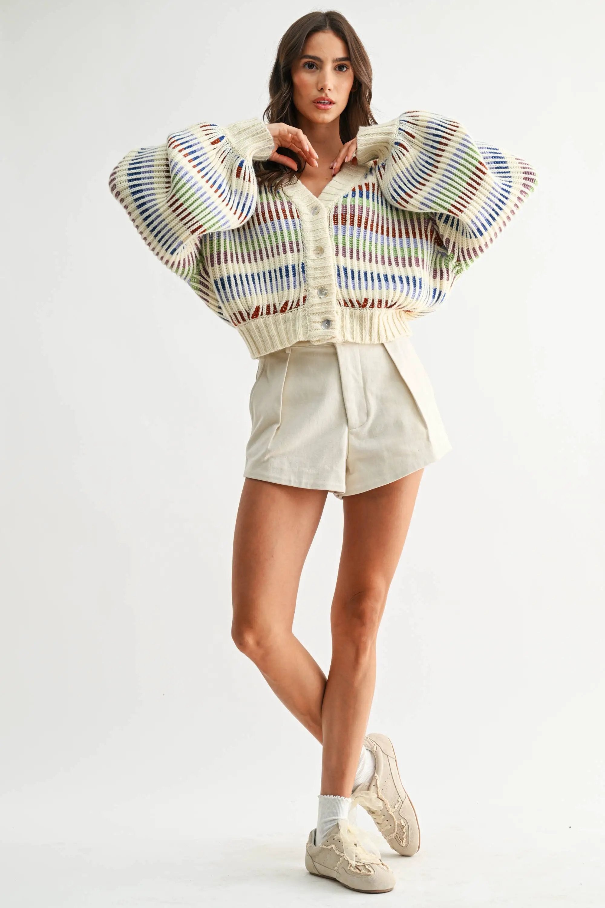 Camellia Camellia - CWT26016 Multicolor Striped Chunky Knit Cardigan: MULTI STRIPE / S-M-L (3-2-1) -