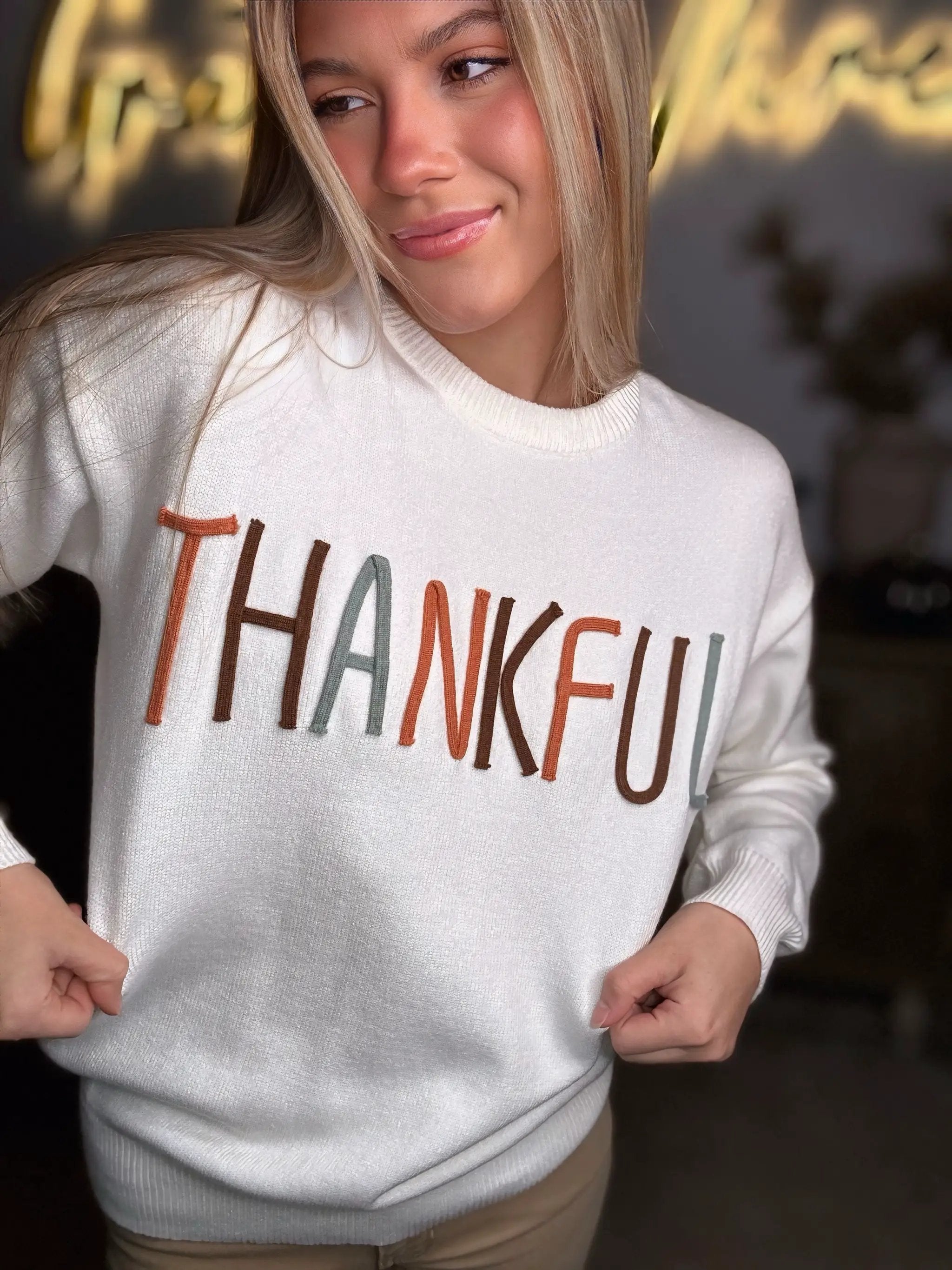 Grateful Threads Boutique Thankful Stitch Embroidered Sweater - Sweaters