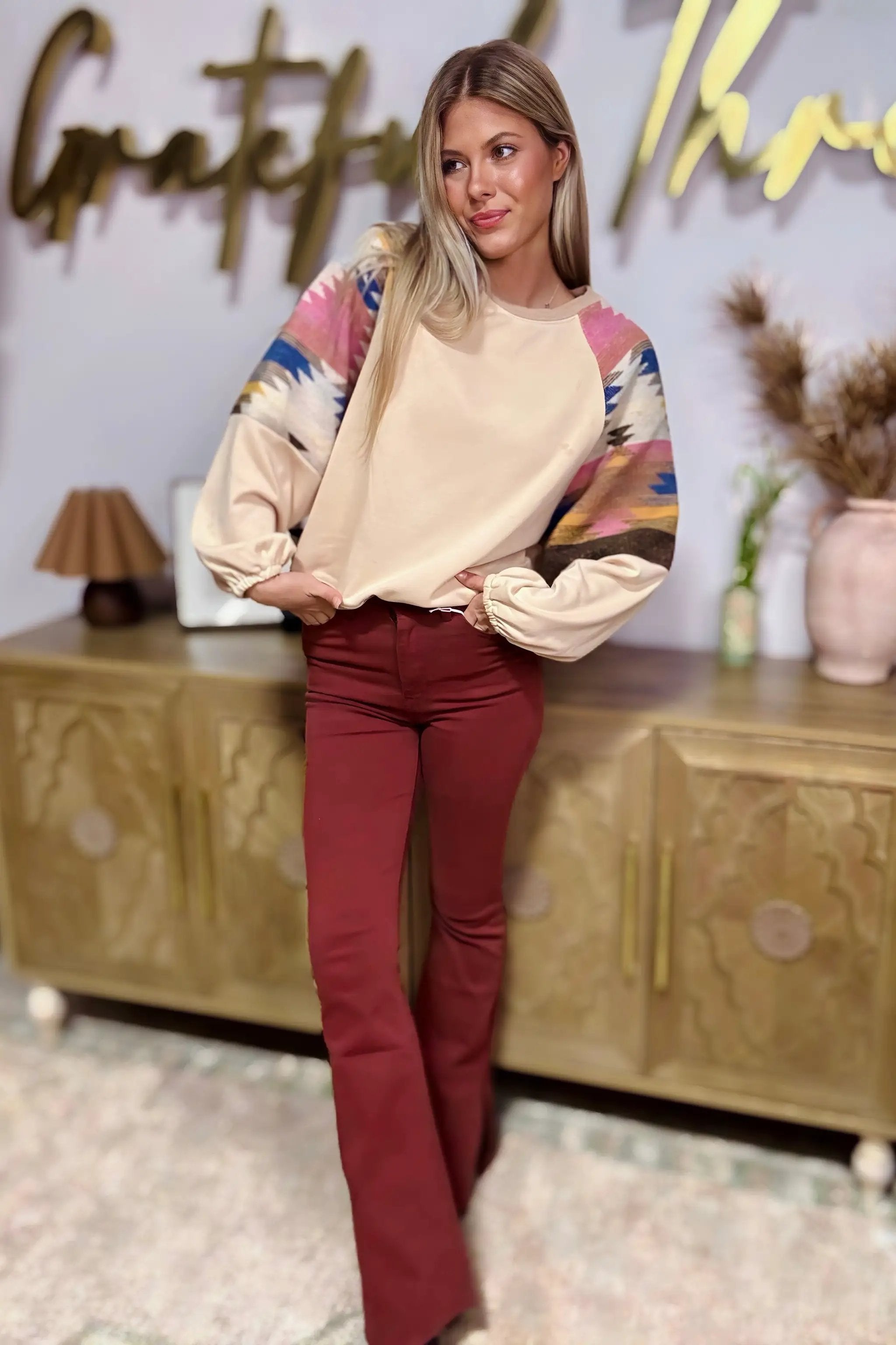 Grateful Threads Boutique Light French Beige Aztec Patchwork Raglan Pullover Sweatshirt - Sweatshirts Light French Beige Aztec Patchwork Raglan Pullover Sweatshirt
