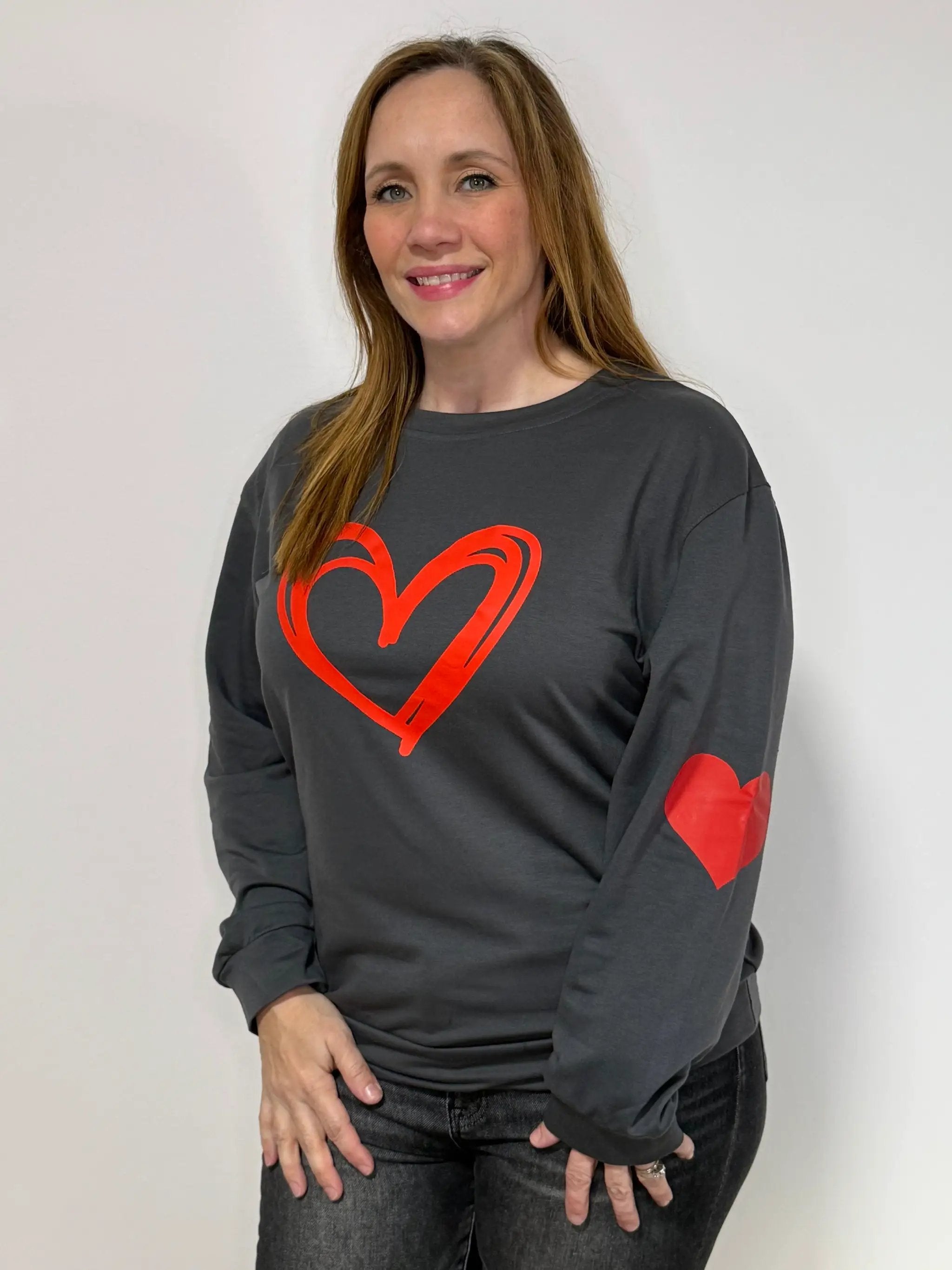 Grateful Threads Boutique Heartfelt Everyday Love Sweatshirt – Charcoal with Red Heart - Sweatshirts
