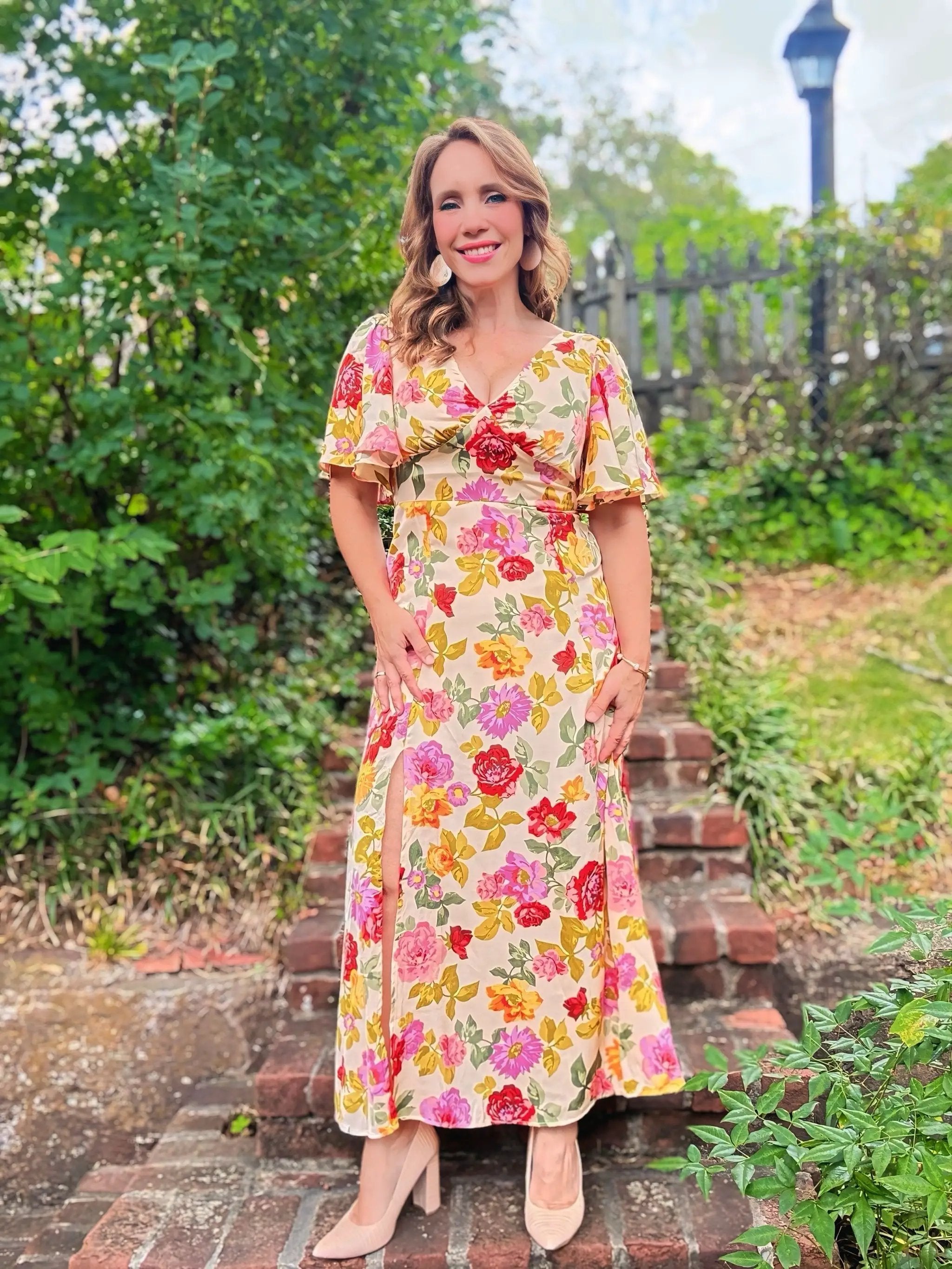 Grateful Threads Boutique Garden Party Escape Maxi Dress - Dresses vintage floral v neck short sleeve tie back long slit dress