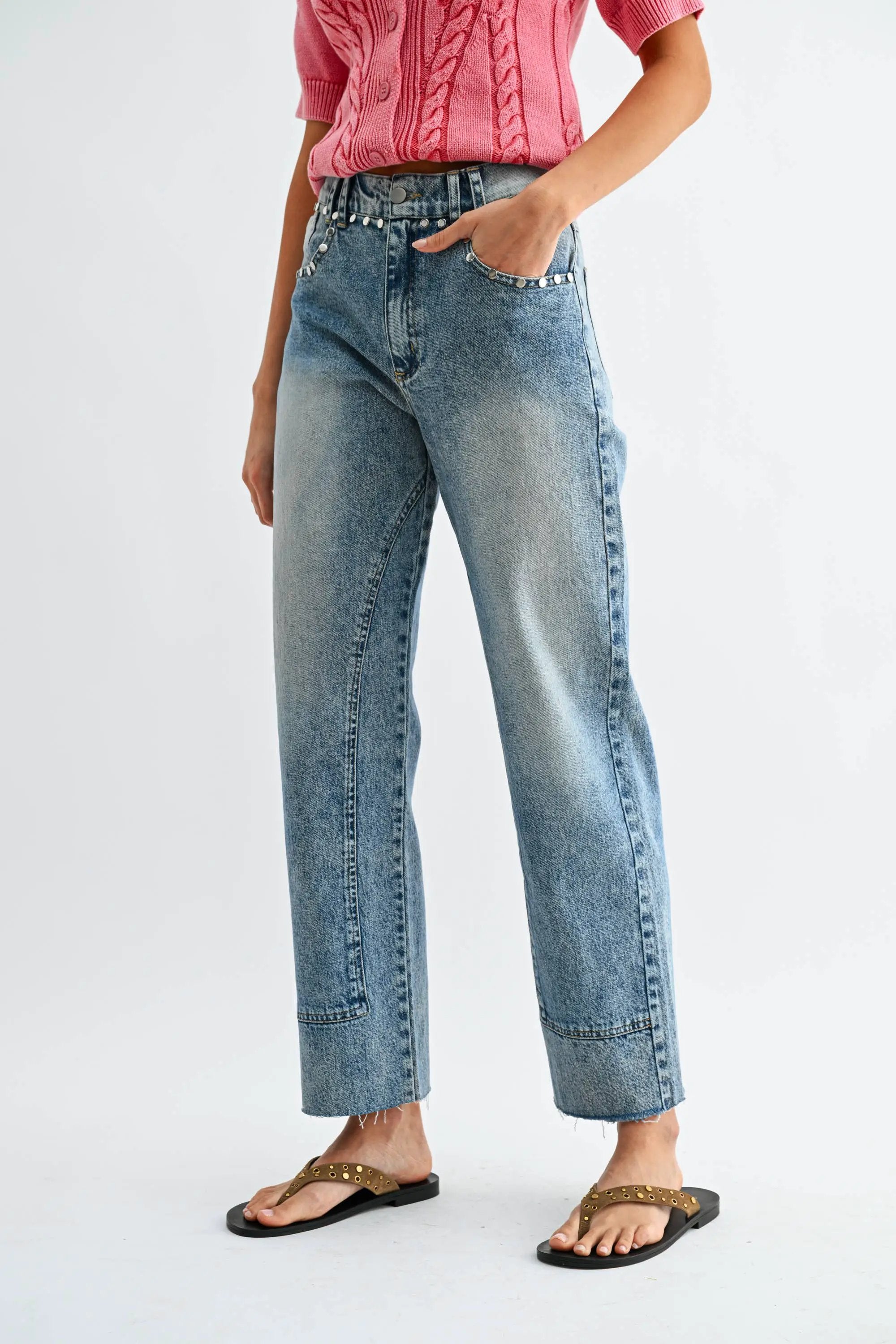 Camellia Camellia - CB10062E Studded High-Waist Straight-Leg Jeans: MEDIUM WASHED DENIM / S-M-L (3-2-1) -