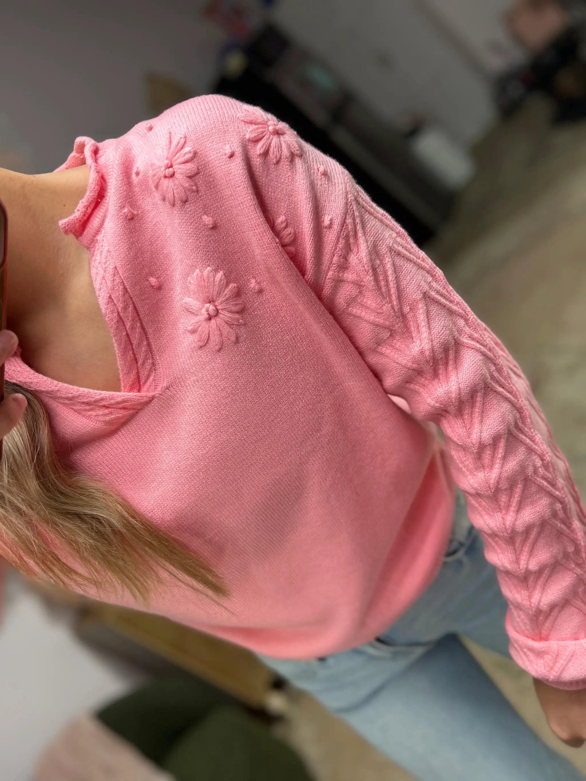 1 the Woman Peach Blossom Bloom Notched Neck Knit Sweater - Sweaters Peach Blossom Flower Detail Knitted Notched Neck Sweater