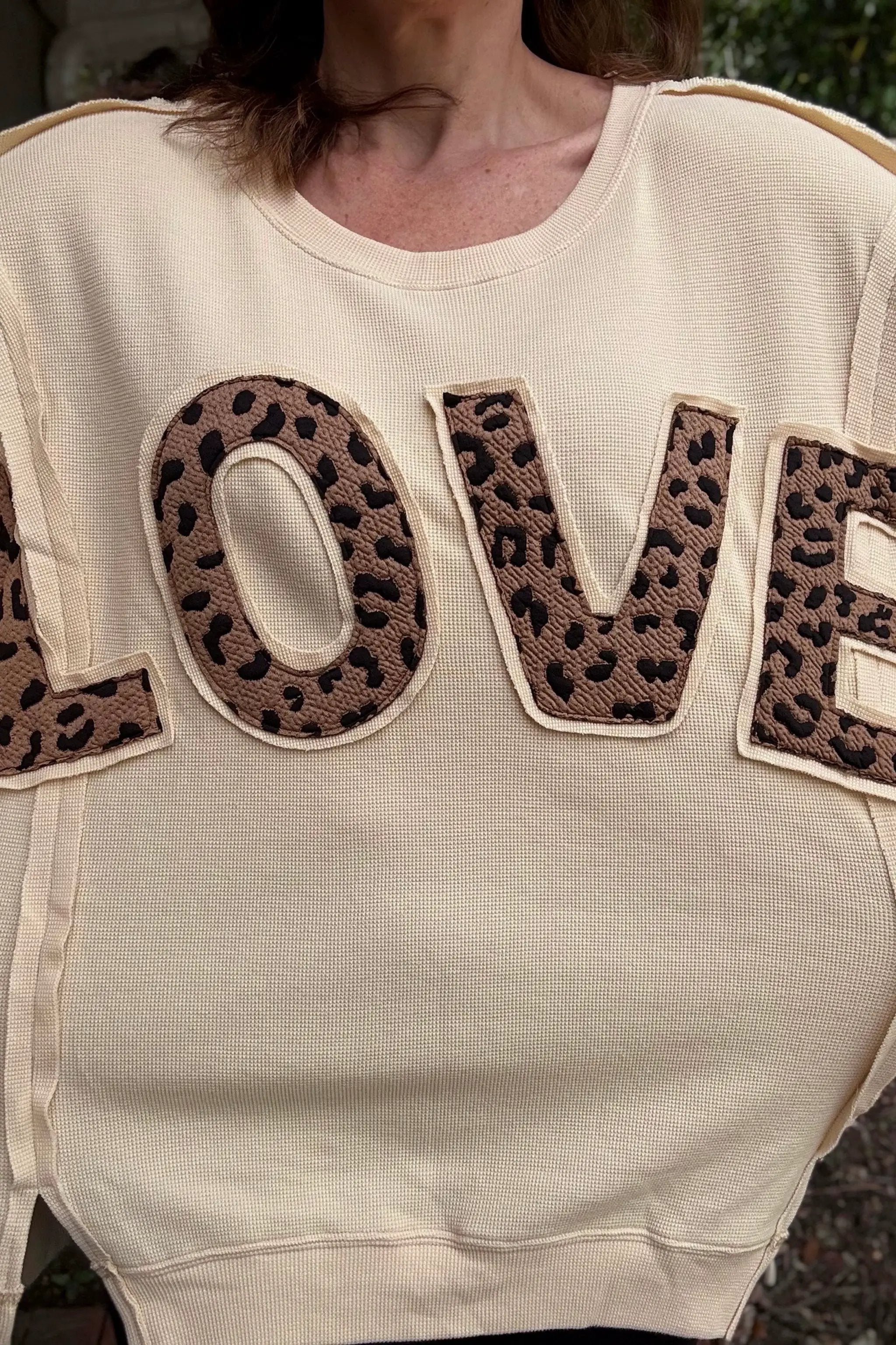 Grateful Threads Boutique Wild About Love Sweatshirt - Sweatshirts White Oversize Leopard LOVE Patched Graphic Round Neck Casual Sweatshirt
