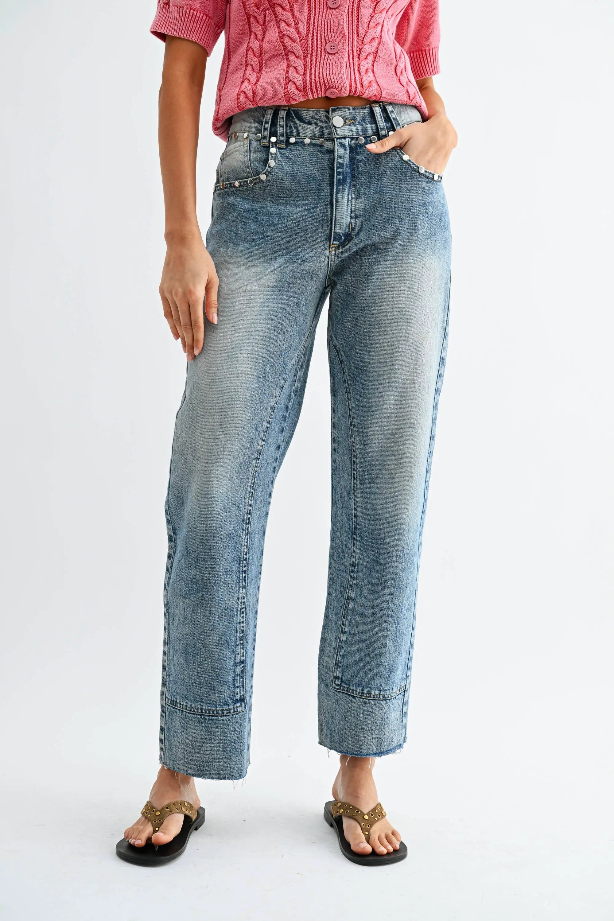 Camellia Camellia - CB10062E Studded High-Waist Straight-Leg Jeans: MEDIUM WASHED DENIM / S-M-L (3-2-1) -