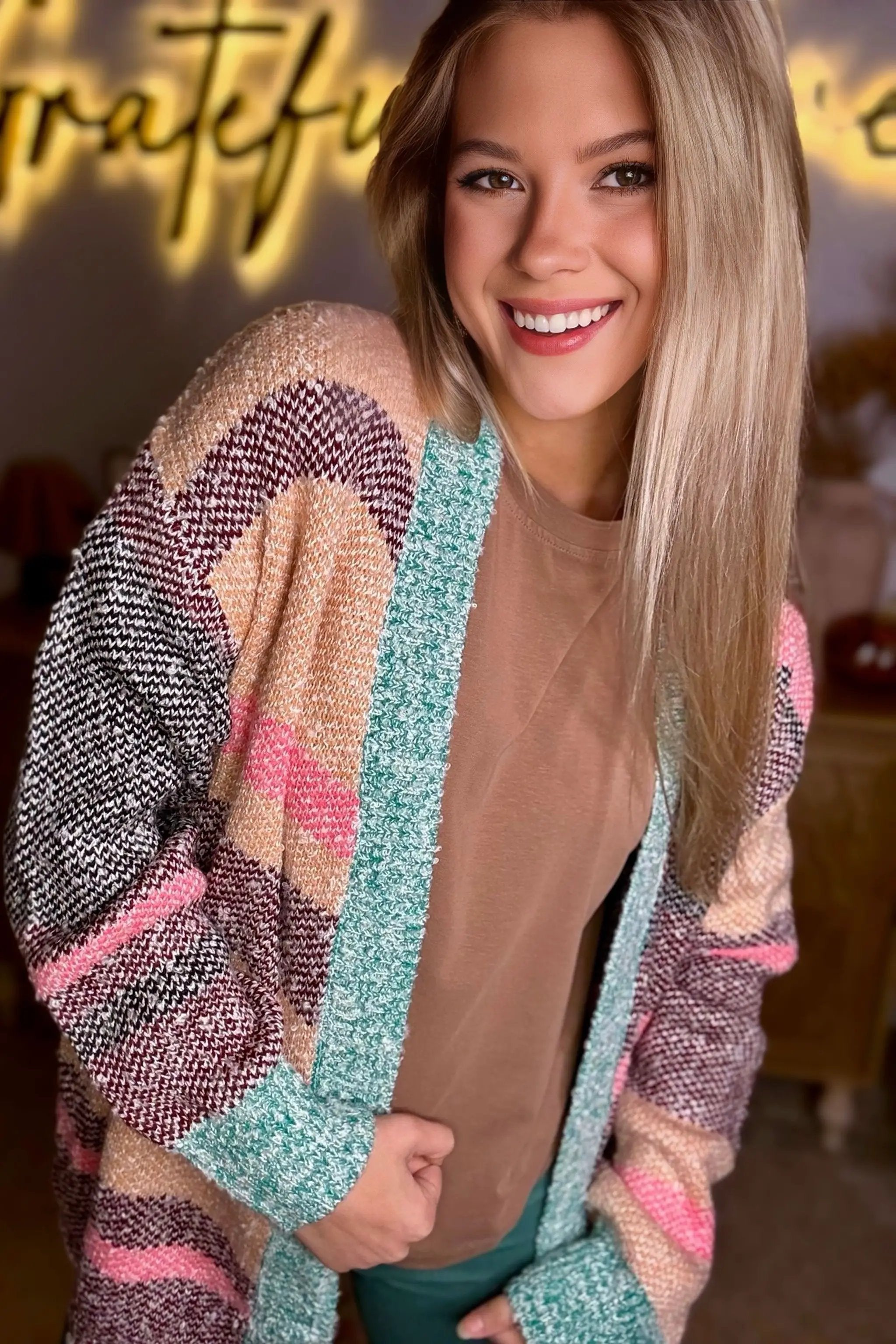 Grateful Threads Boutique Multicolor Color Block Striped Side Slit Open Front Cardigan - Cardigans Multicolor Color Block Striped Side Slit Open Front Cardigan