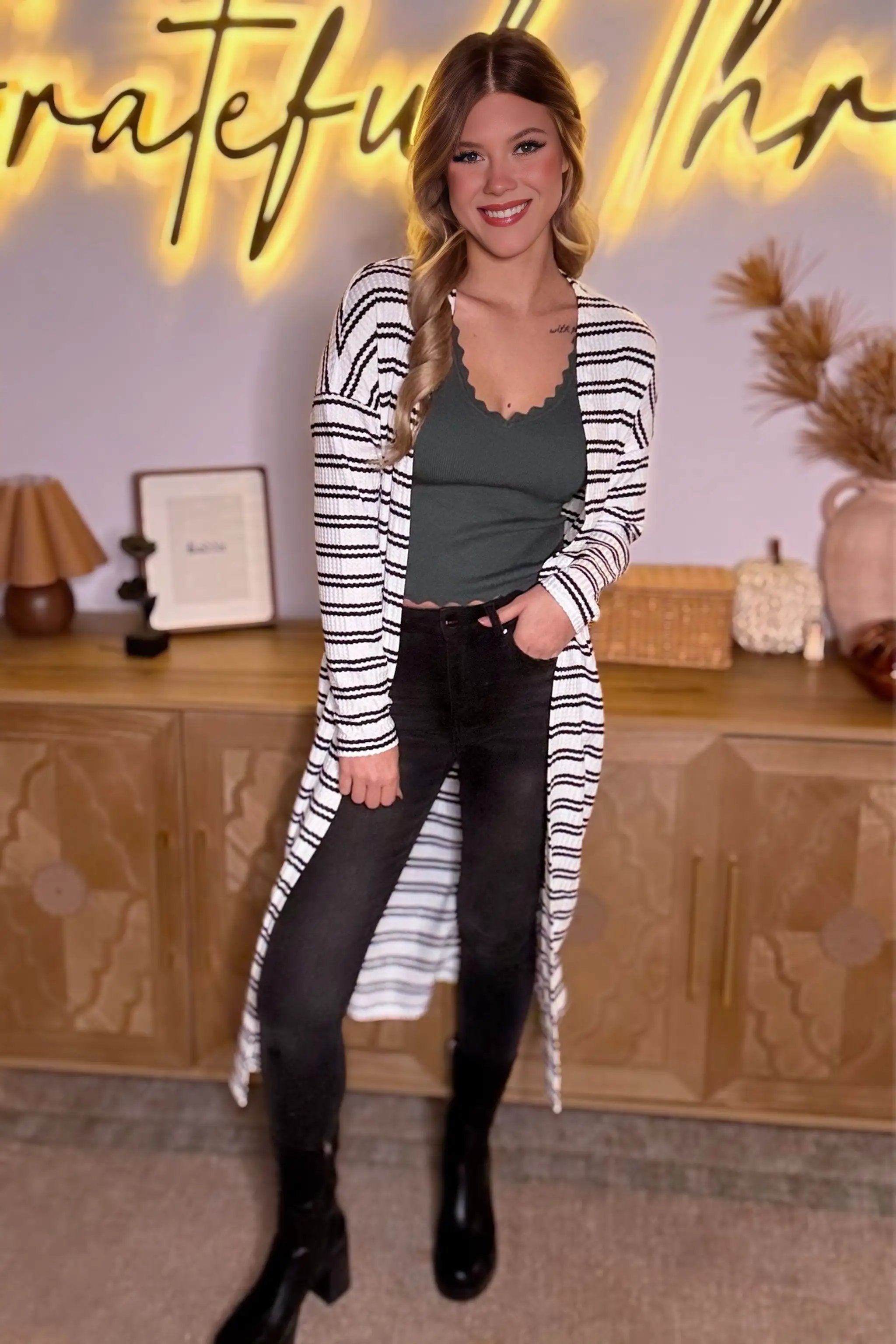 Grateful Threads Boutique Black Stripe Print Open Front Duster Cardigan - Cardigans Black Stripe Print Open Front Duster Cardigan