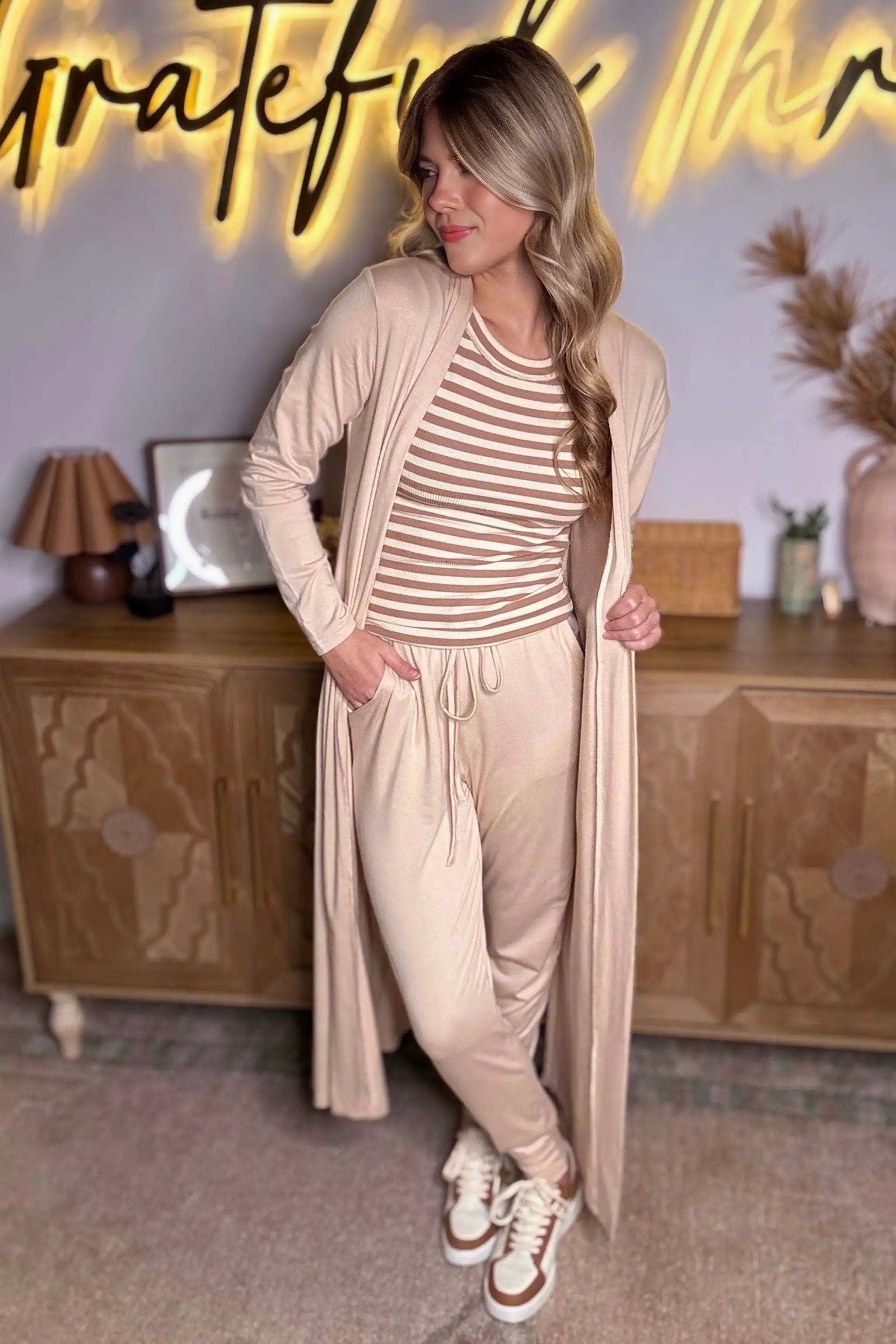 Grateful Threads Boutique Parchment Split Long Cardigan and Skinny Pants Lounge Set - Loungewear