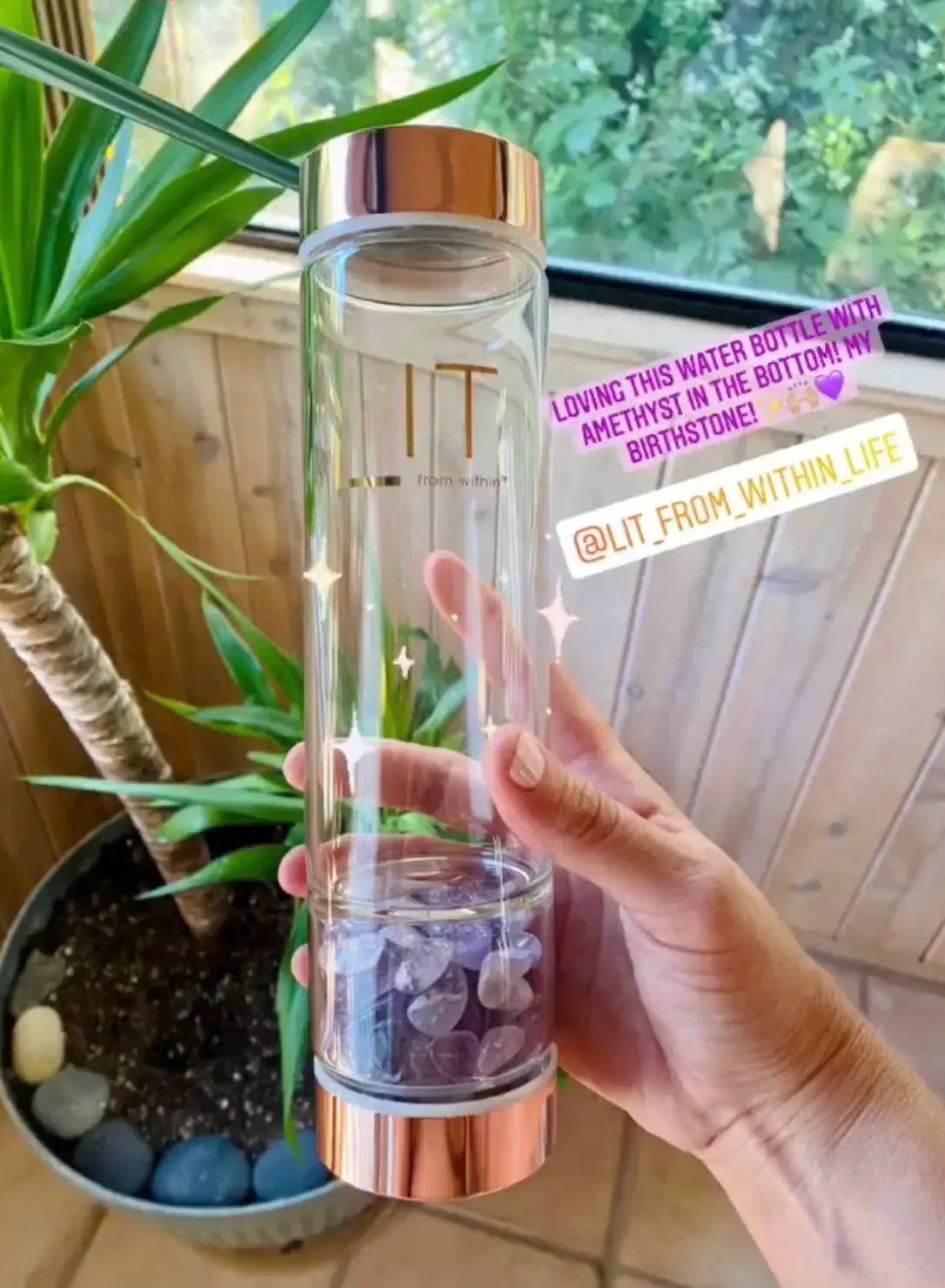 LIT From Within LIT From Within - Rose Gold Crystal Infused Glass Water Bottle - Amethyst -