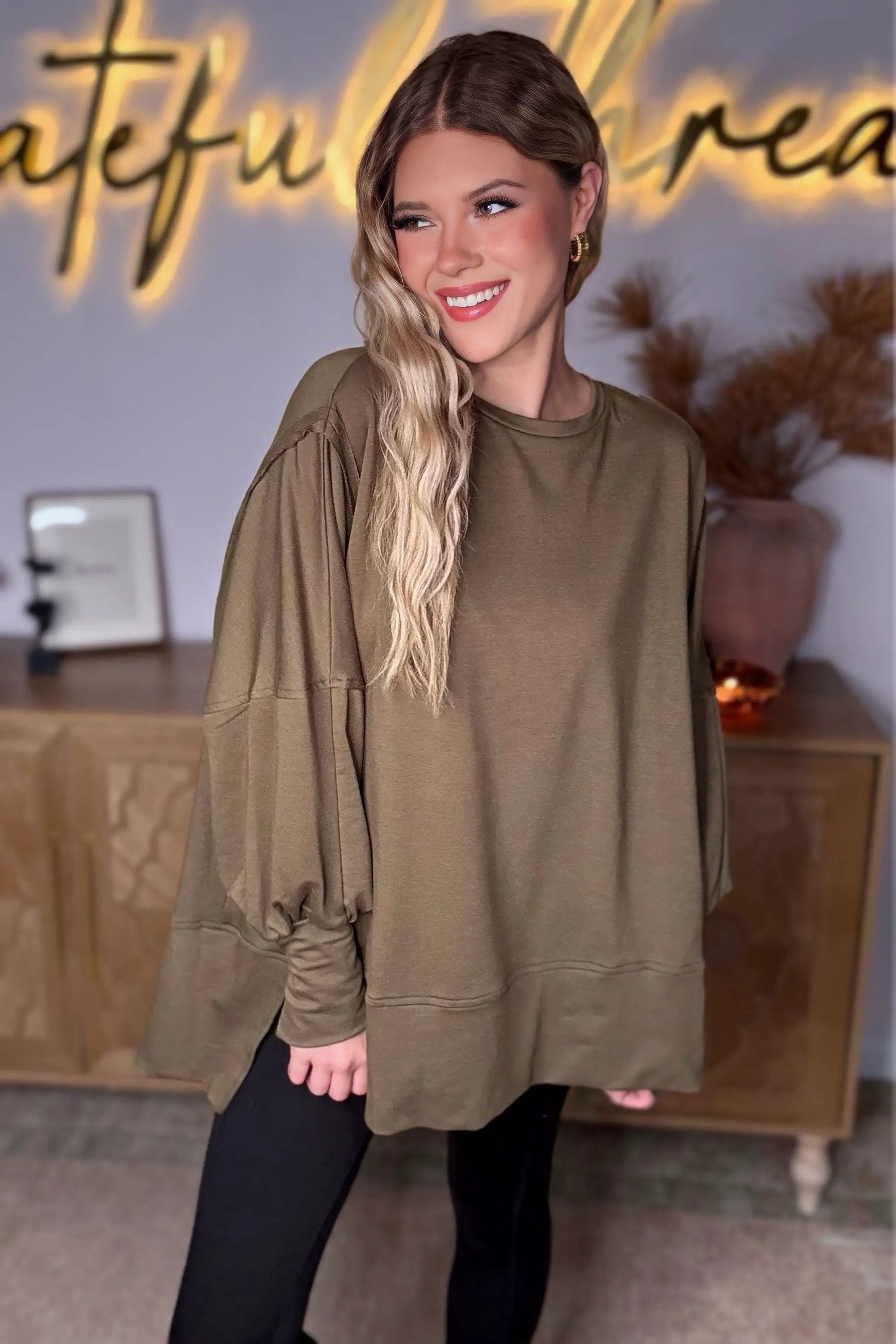 Grateful Threads Boutique Olive You Forever Oversized Top - Sweatshirts Top