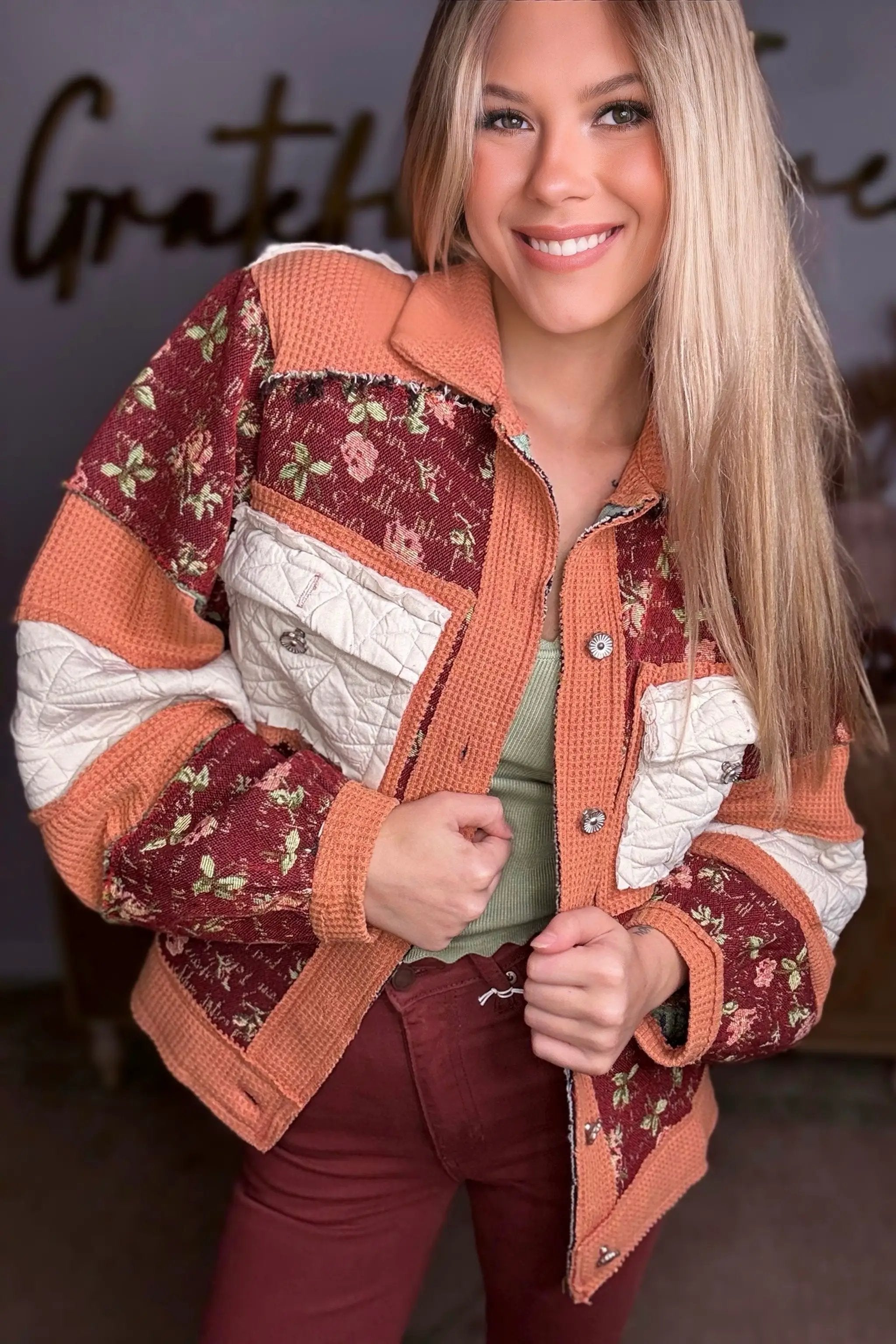 POL POL Quilted Patchwork Retro Floral Waffle Knit Frayed Raw Bohemian Button Jacket - Coats & Jackets