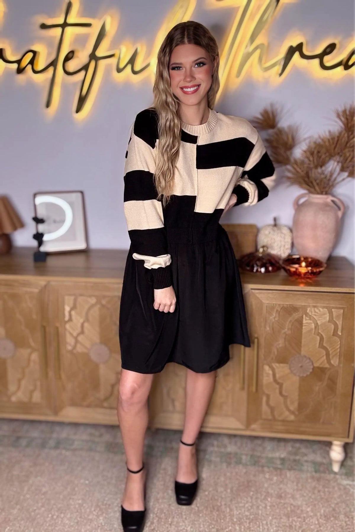 Grateful Threads Boutique Black Stripe Two in One Knitted Top High Waist Splicing Hem Sweater Dress - Dresses Black Stripe Two in One Knitted Top High Waist Splicing Hem Sweater Dress