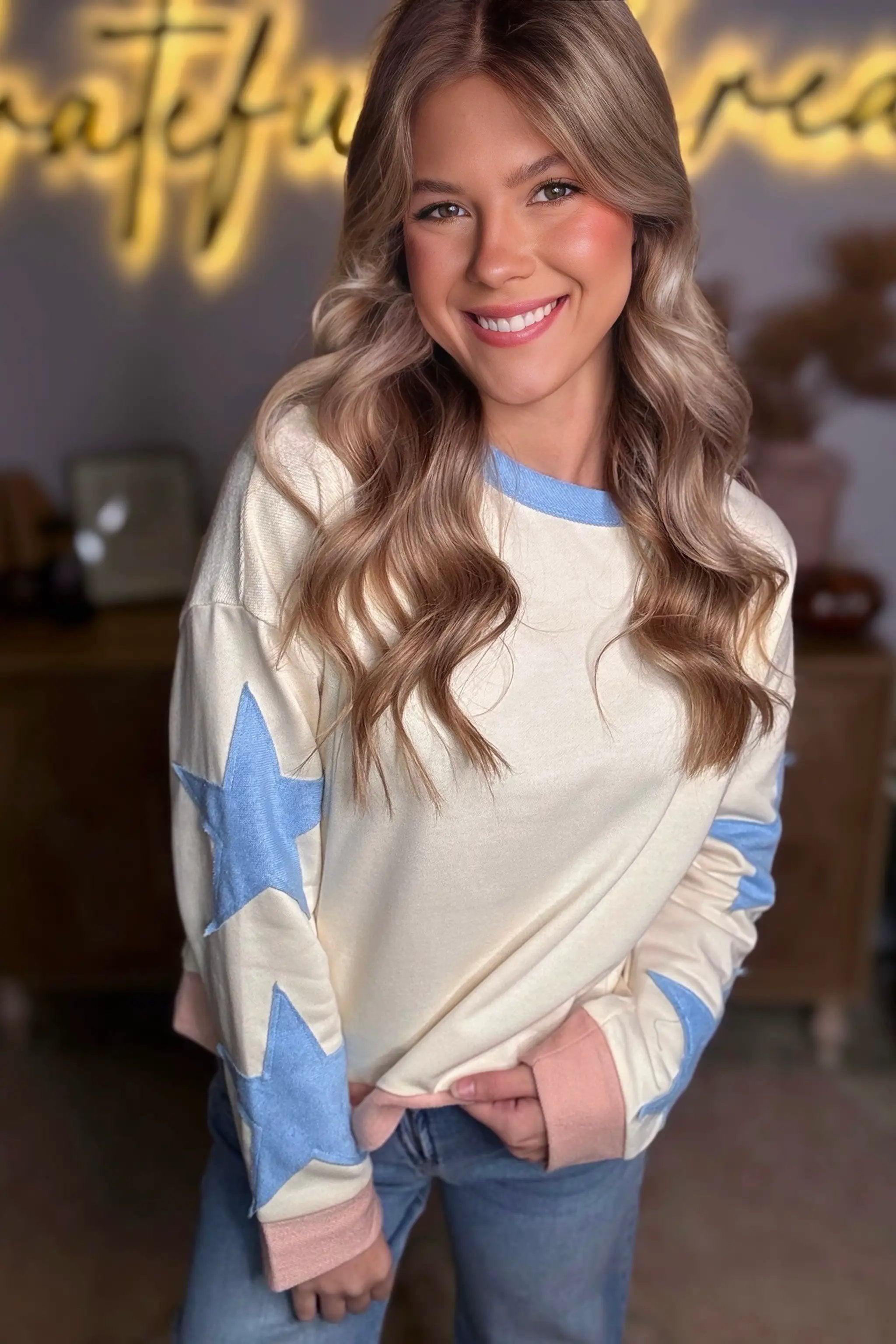 Grateful Threads Boutique Beige Star Patchwork Exposed Seam Oversized Sweatshirt - Sweatshirts Beige Star Patchwork Exposed Seam Oversized Sweatshirt