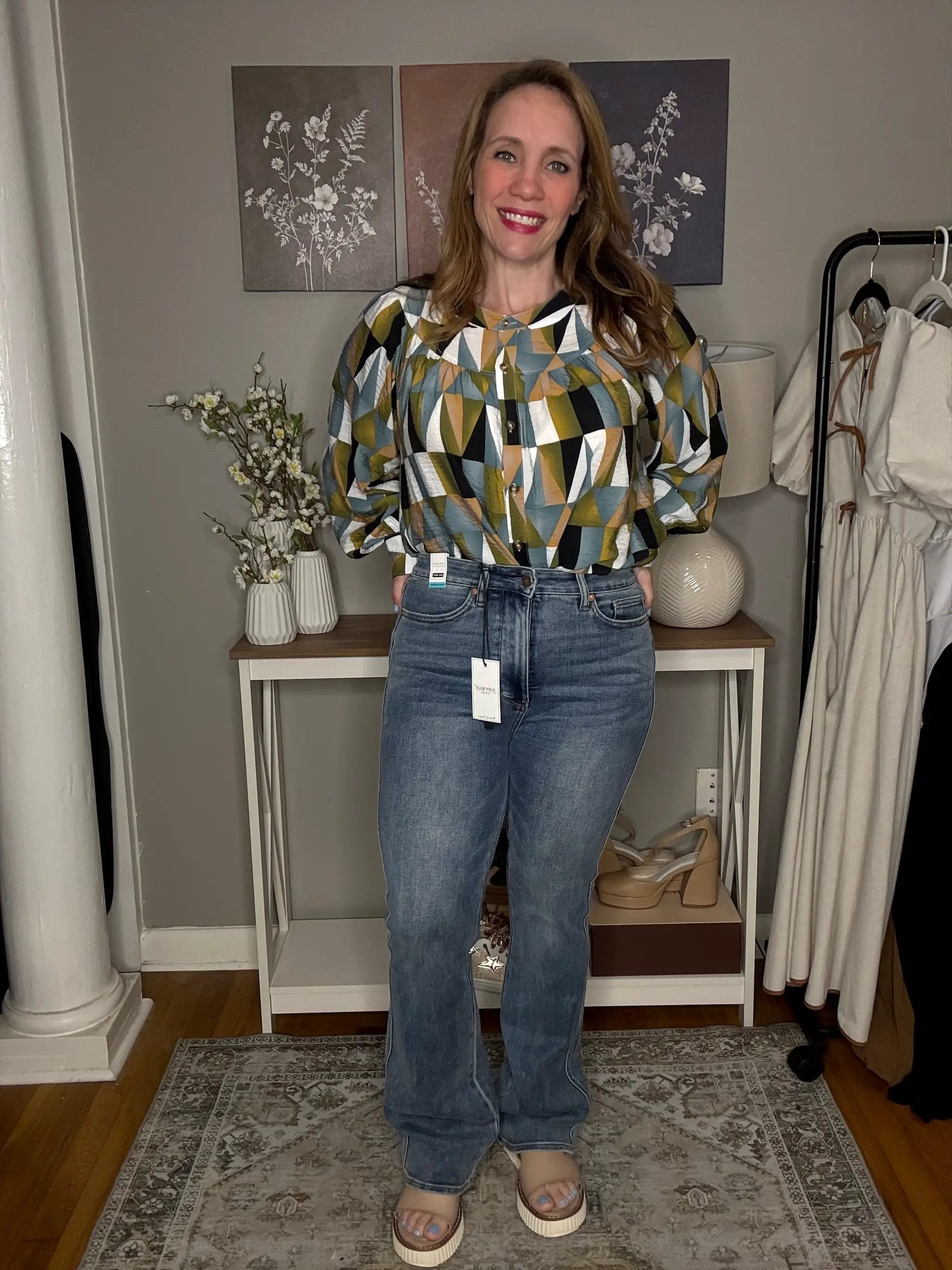Grateful Threads Boutique Green Geometric Print Buttoned Ballooned Sleeve Blouse - Blouses