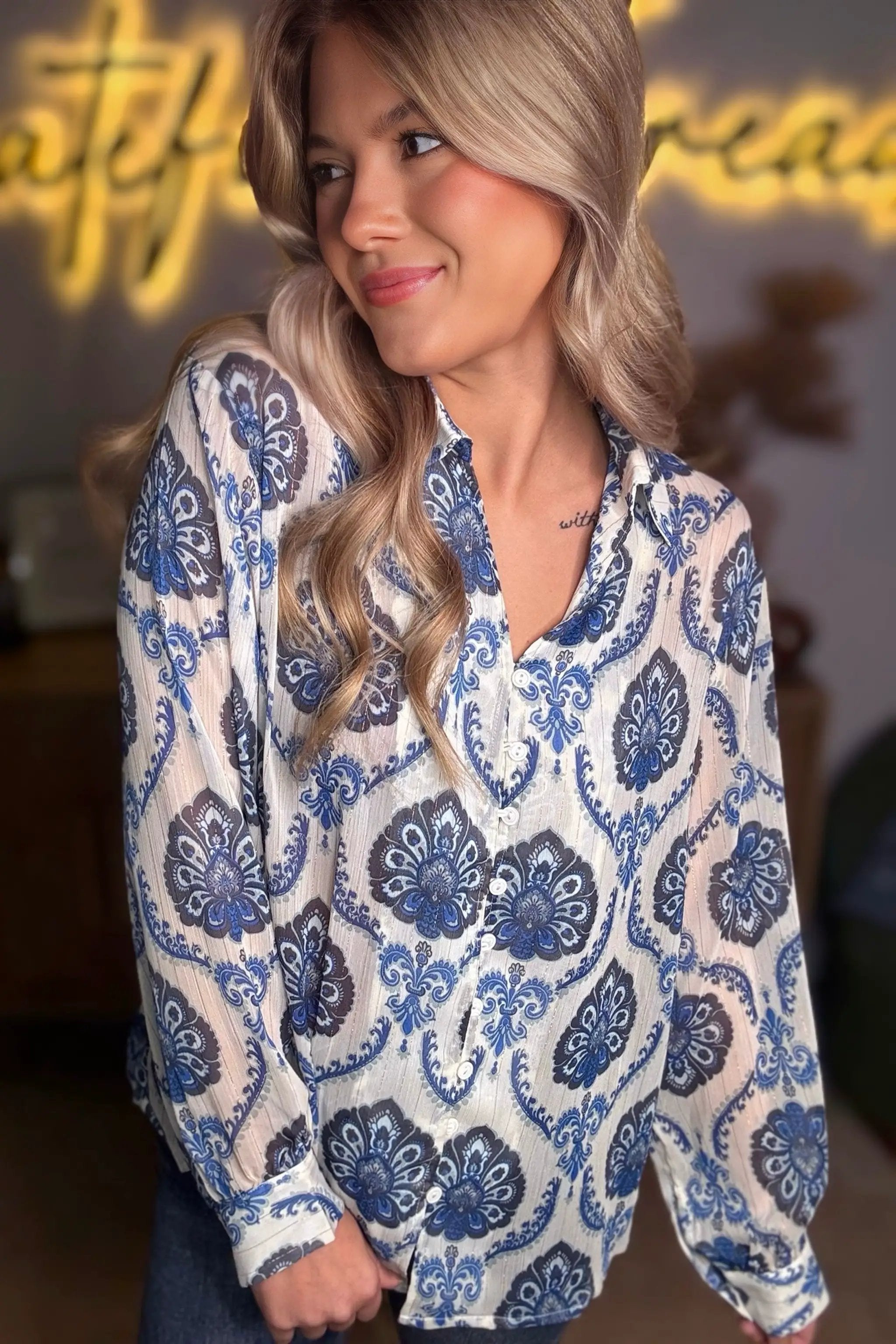 Grateful Threads Boutique Indigo Medallion Boho Button-Down Blouse - Blouses Blue Tribal Pattern Buttoned Front Loose Shirt