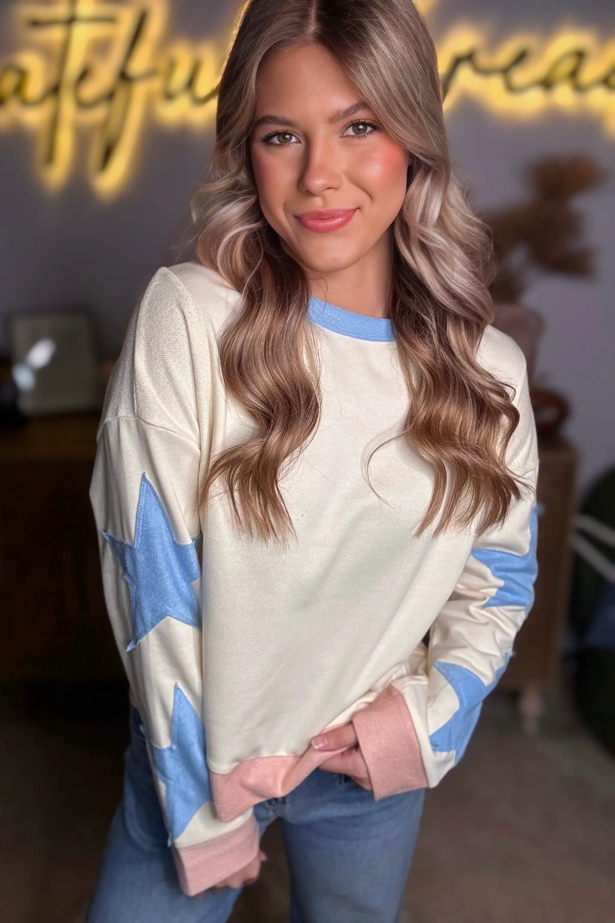 Grateful Threads Boutique Beige Star Patchwork Exposed Seam Oversized Sweatshirt - Sweatshirts Beige Star Patchwork Exposed Seam Oversized Sweatshirt