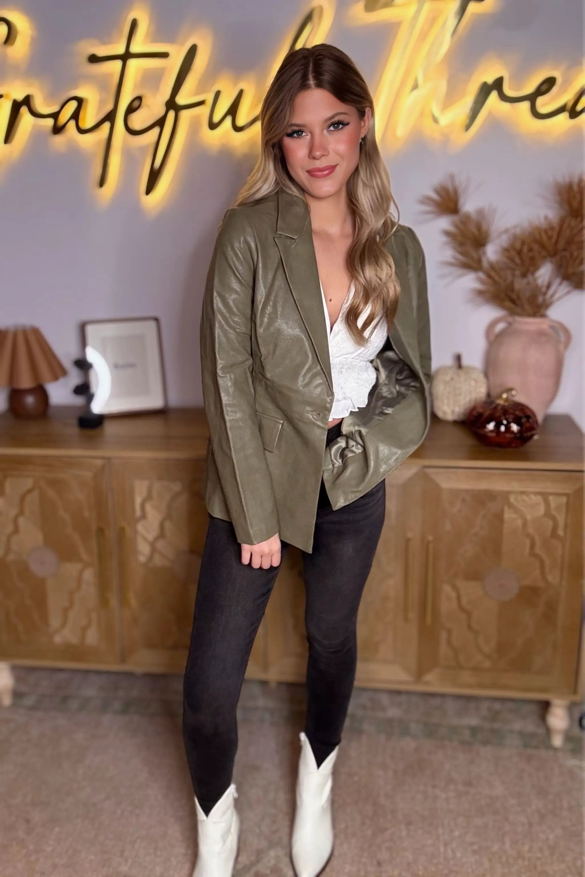 Le Lis LE LIS Power Play Vegan Leather Blazer – Camel & Olive - Coats & Jackets Vegan leather blazer