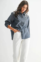 Camellia Camellia - EMBROIDERED DENIM BUTTON-UP LONG-SLEEVE SHIRT: DARK CHAMBRAY / S-M-L(3-2-1) -