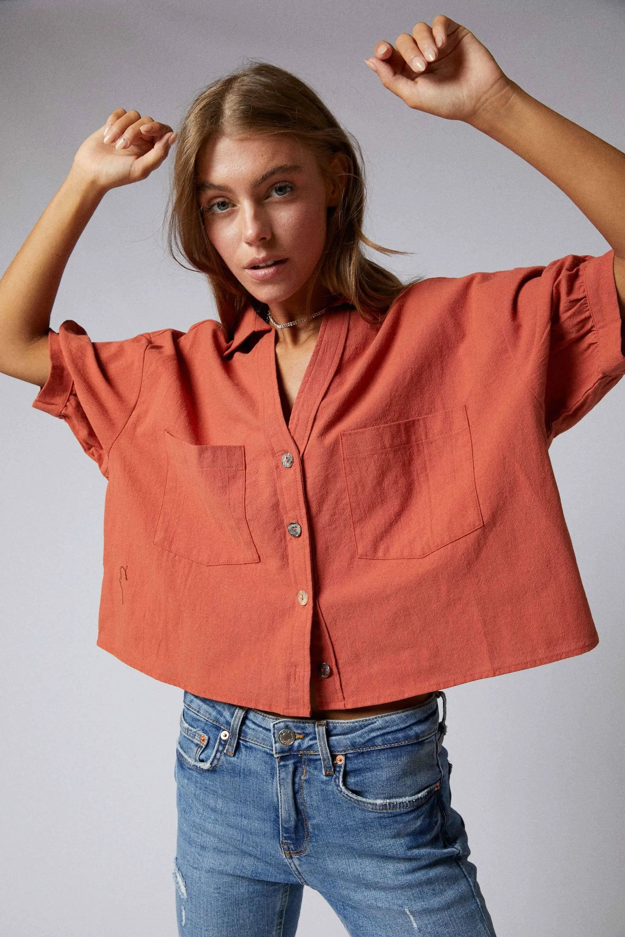 Cerule Elbow Sleeves Button Down 2 Pocket Crop Shirt - Shirts