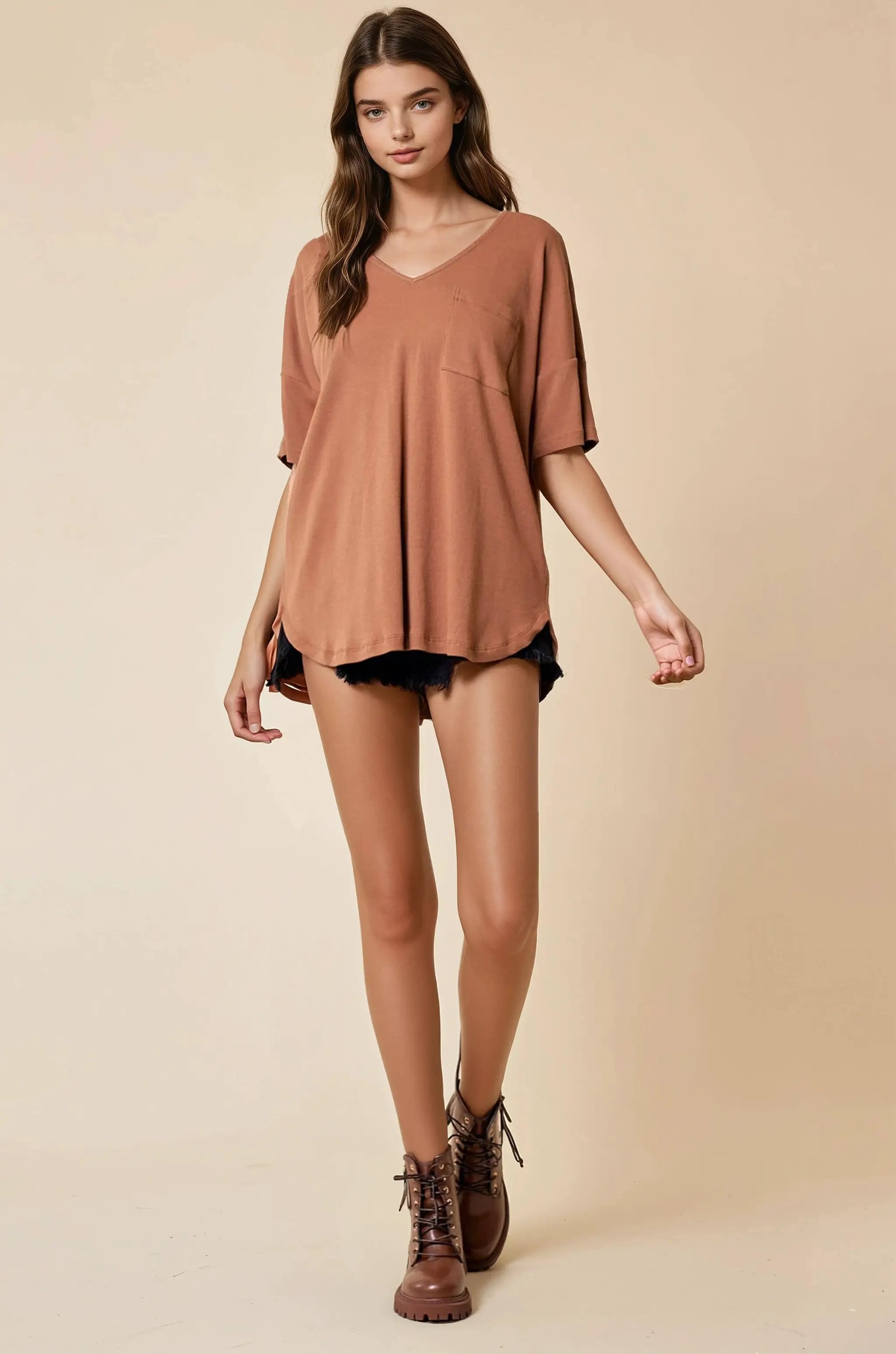 Doe and Rae The Oversized V-Neck Knit Top: Charcoal - T-Shirts