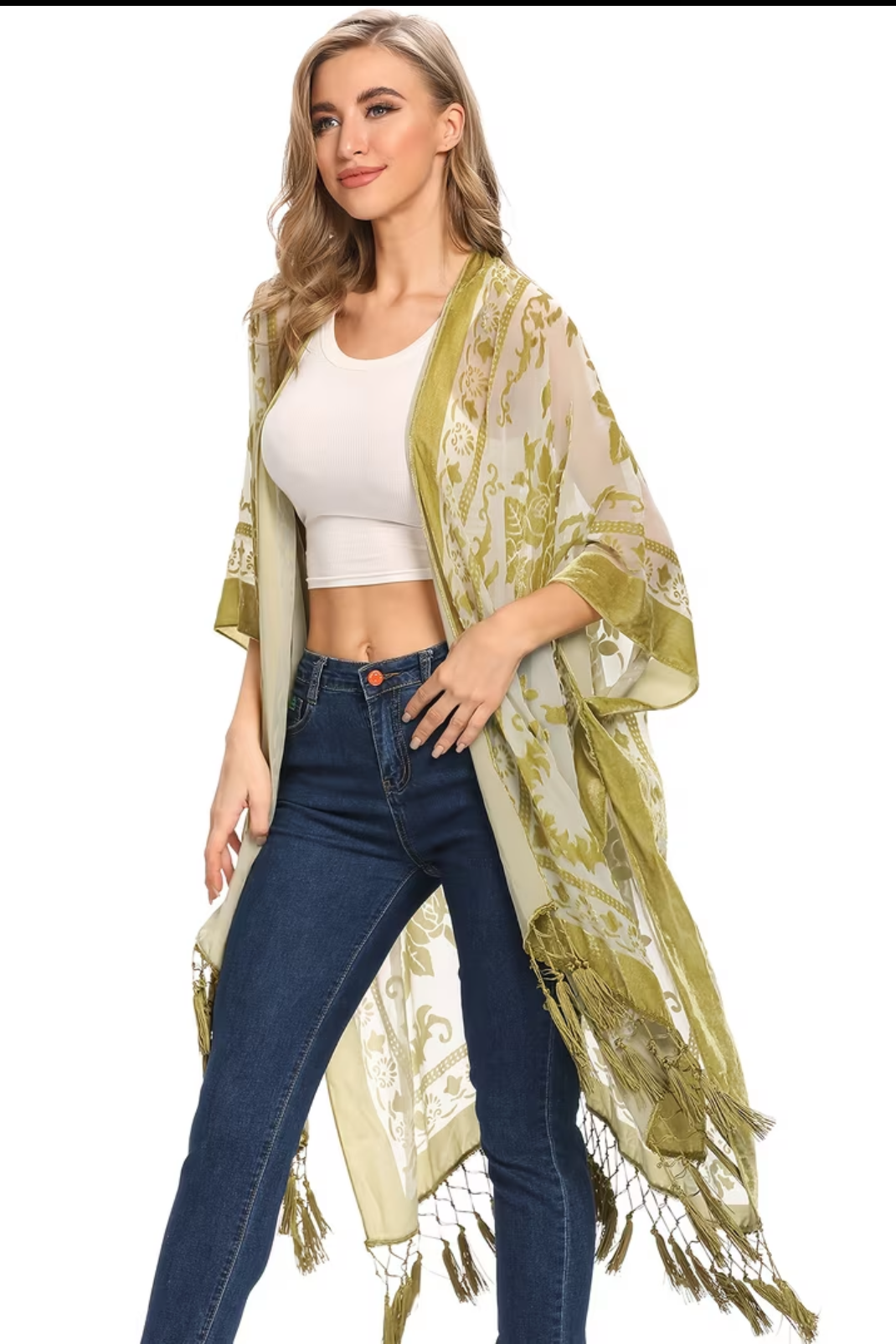 Three Bird Nest Crushin' On You Velvet Kimono scarf in olive and cream floral velvet with fringe