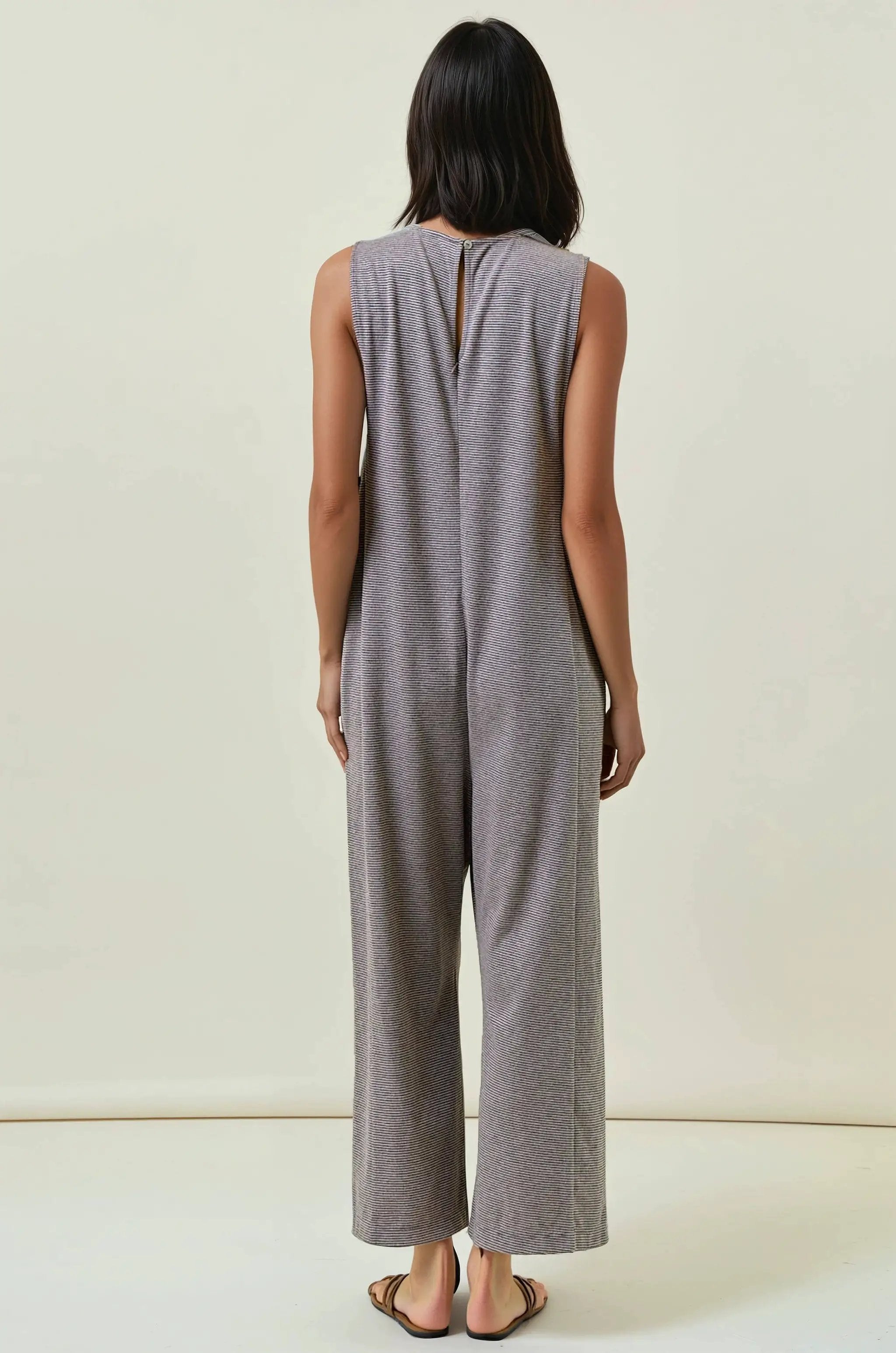 Doe and Rae The Driftwood Stripe Buttery Soft Ribbon Tie Jumpsuit - One-Pieces