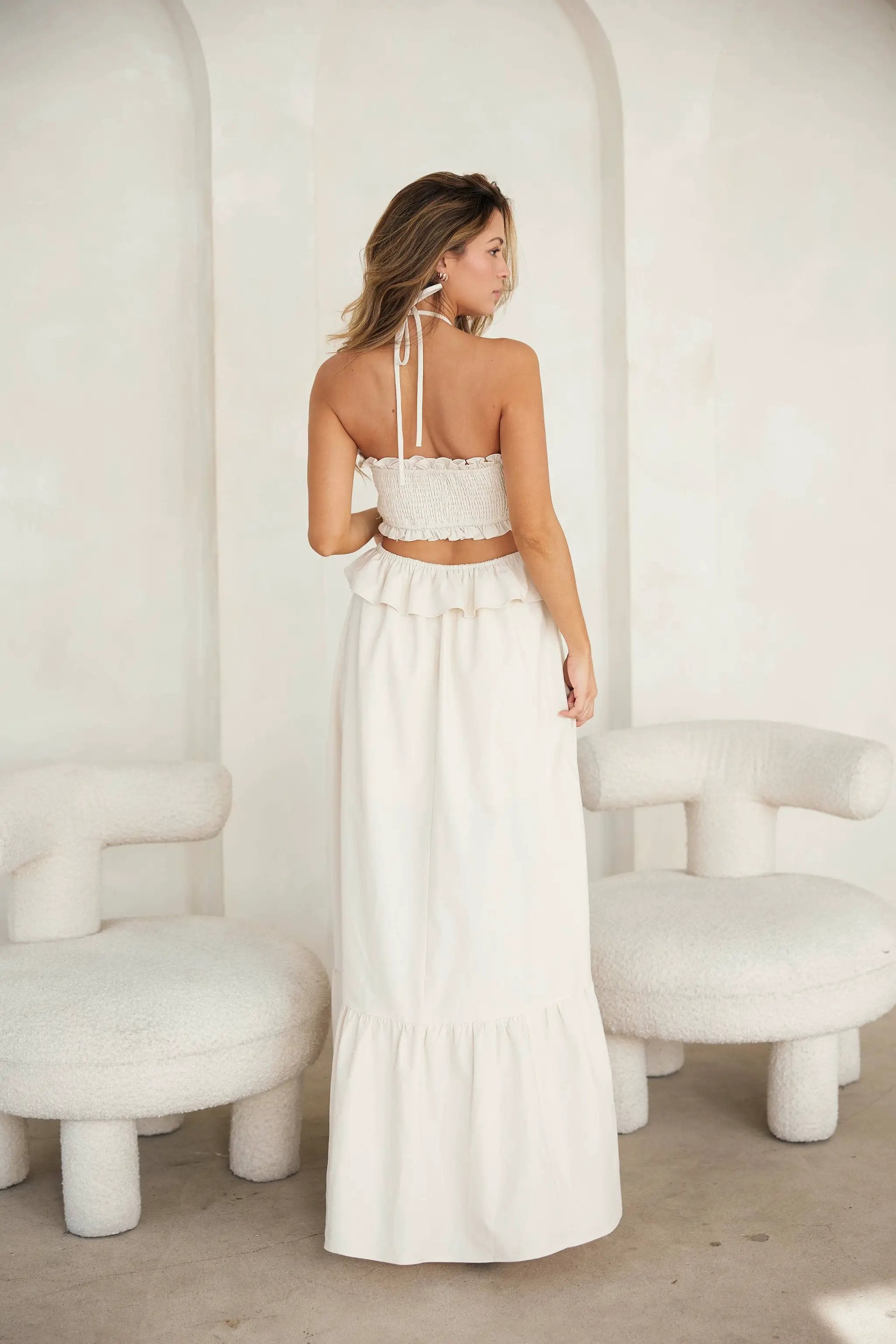 Endless Blu Endless Blu Ivory Cut-Out Ruffled Maxi Halter Dress - One-Pieces