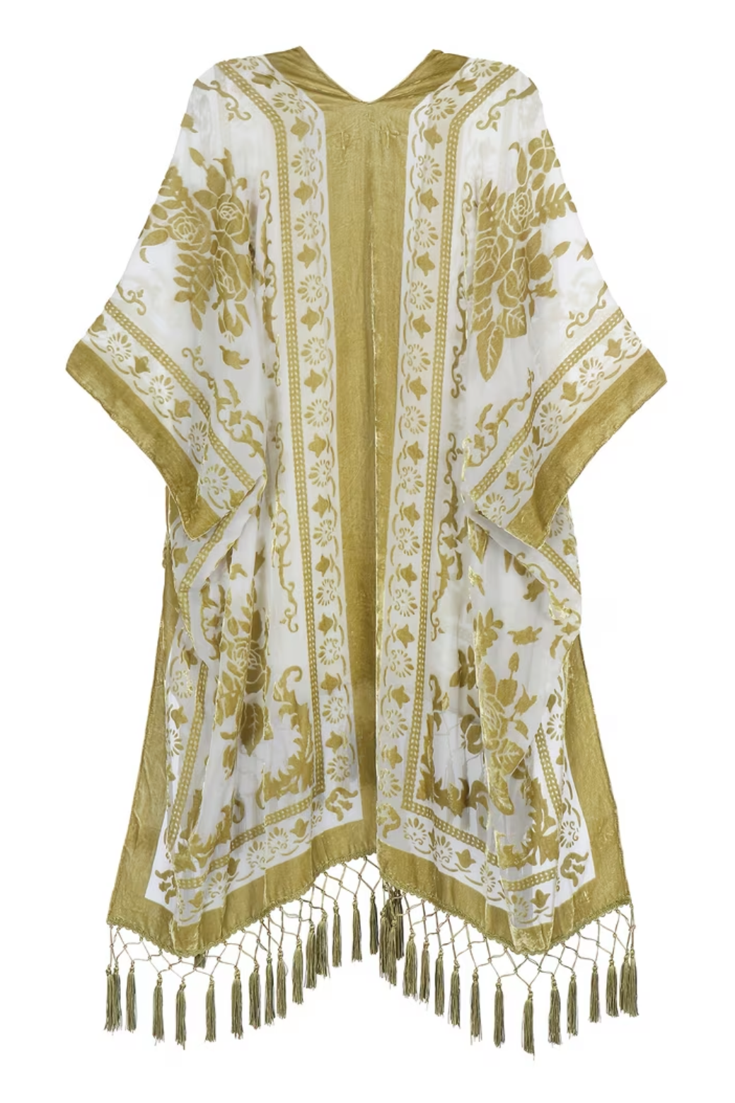 Three Bird Nest Crushin' On You velvet kimono, white with gold floral pattern and fringed hem