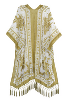 Three Bird Nest Crushin' On You velvet kimono, white with gold floral pattern and fringed hem